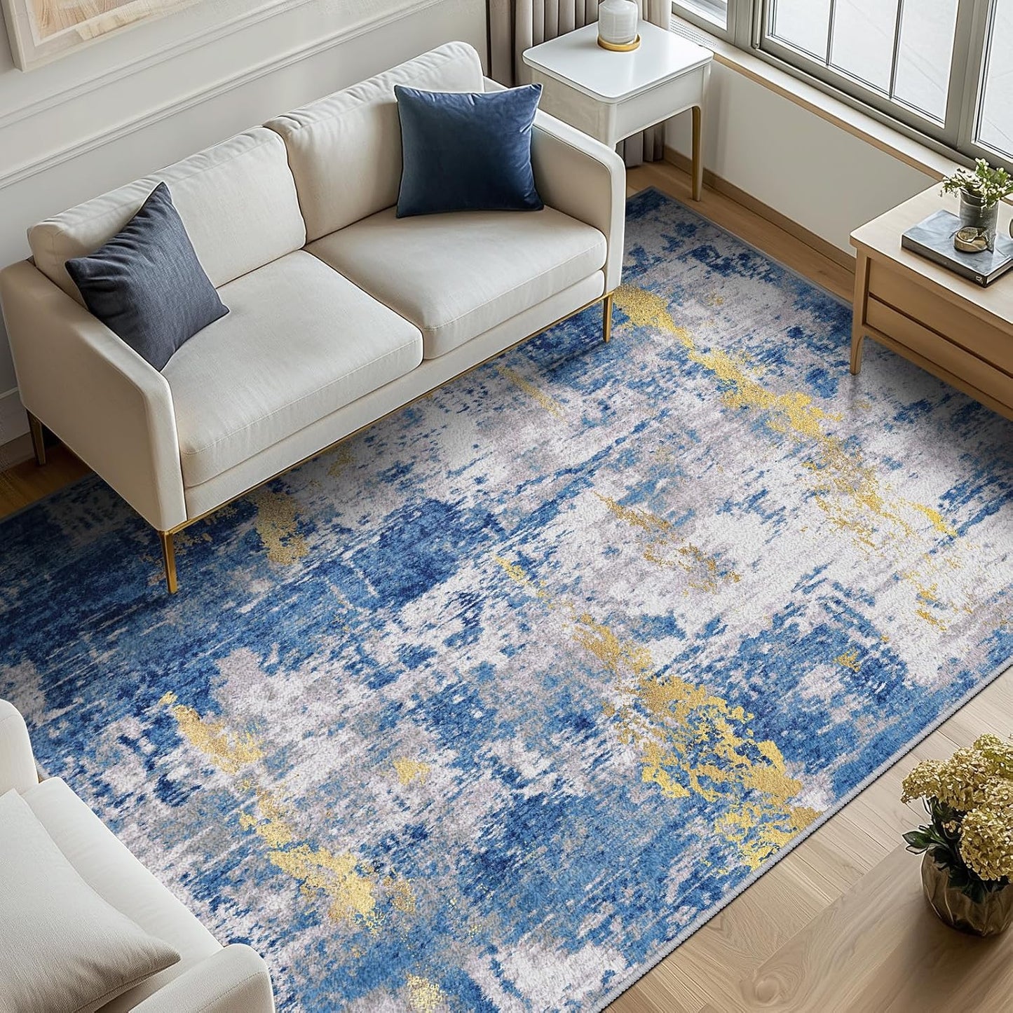 Washable Area Rugs 8'x10' Non-Slip Modern Abstract Soft for Living Room Entryway Bedroom Nursery, Print Pattern, Grey Blue Gold/Golden