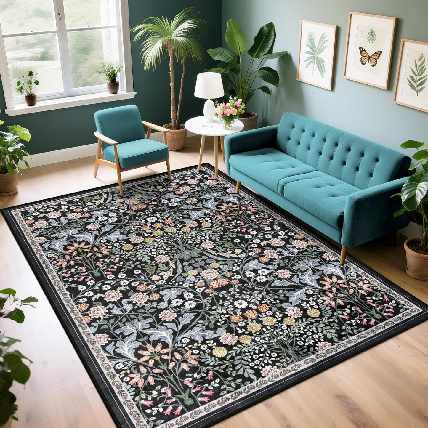 Area Rug Living Room Rugs: Floral 4x6 Washable Rug Vintage Soft Boho Non-Slip Carpet Indoor Floor Stain Resistant Large Carpets for Bedroom Dining Room Farmhouse Nursery Hallway Home Office Dark Black