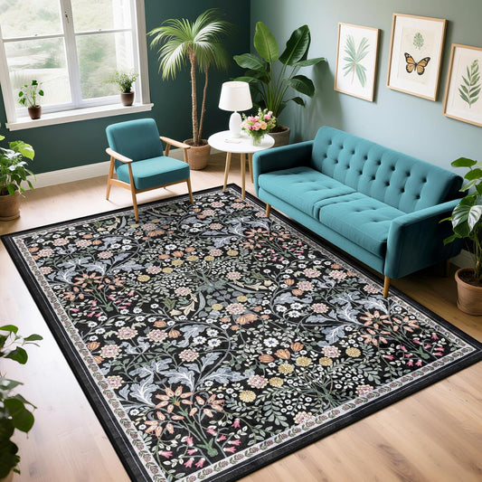 Area Rug Living Room Rugs: Floral 4x6 Washable Rug Vintage Soft Boho Non-Slip Carpet Indoor Floor Stain Resistant Large Carpets for Bedroom Dining Room Farmhouse Nursery Hallway Home Office Dark Black