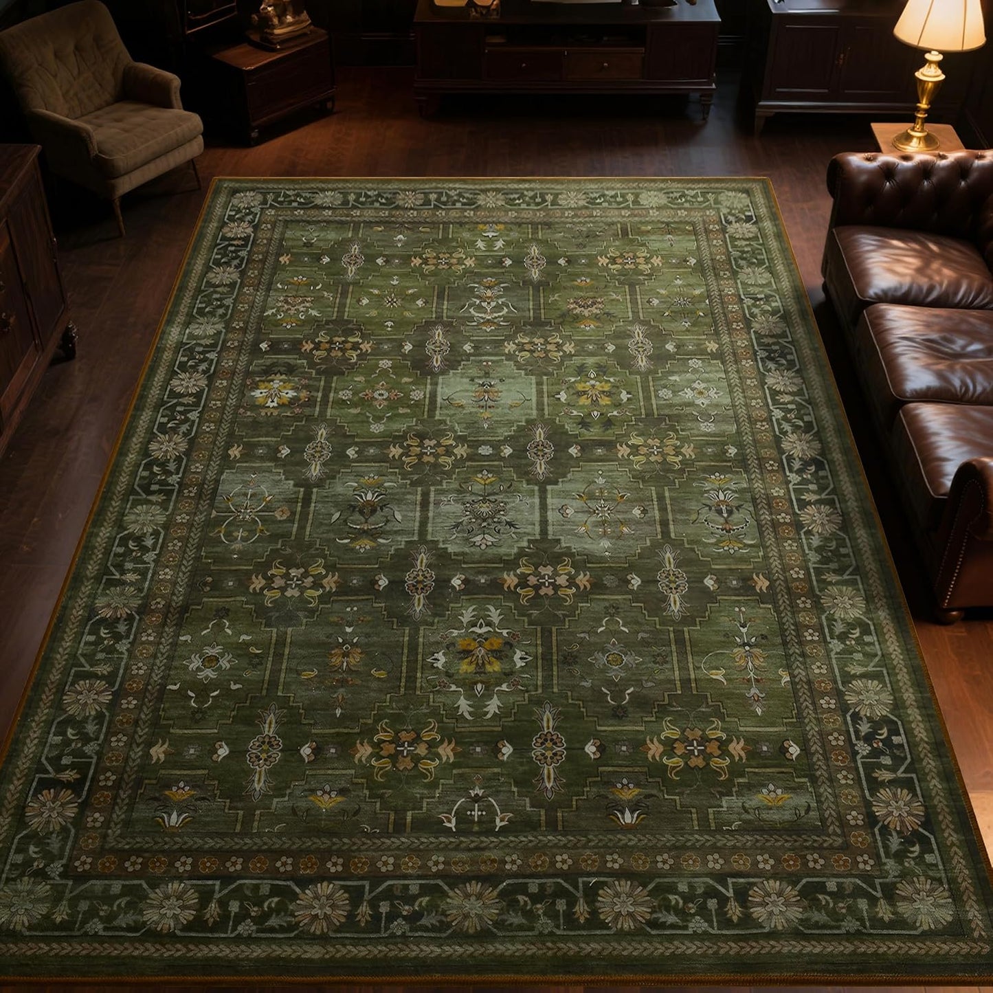 8x10 Washable Area Rug for Living Room, Non Slip Vintage Floral Print Rugs No Shedding, Distressed Thin Retro Accent Carpet for Bedroom Nursery Farmhouse Dining Room Dark Green