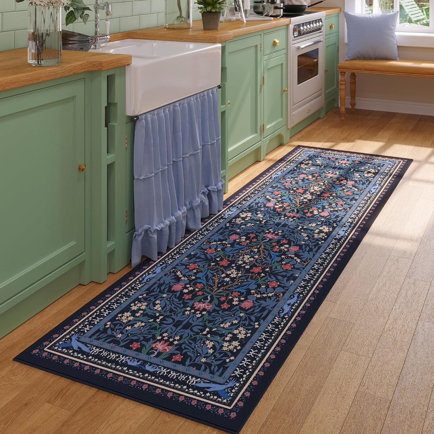 Runner Rug for Kitchen Rug Non Slip 2'6"x8' Washable Rugs with Rubber Backing Soft Vintage Floral Botanical Carpet Runner for Kitchen, Laundry, Bedroom, Bathroom, Blue