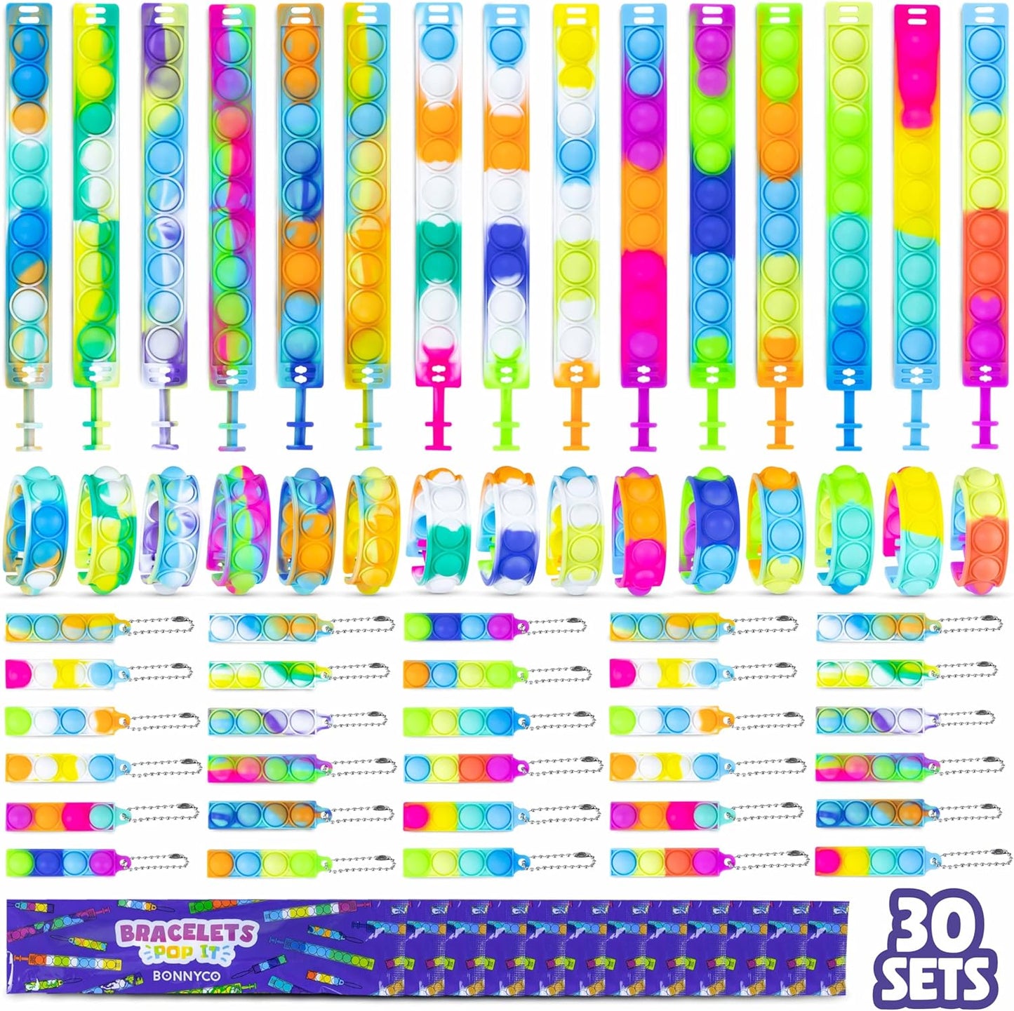 Pop It Bracelets and Keychains Kids Party Favors Pack 30 - BONNYCO | Goodie Bags Stuffers For Kids Fidget Toys Bulk, Birthday Party Favors for Kids Pinata Stuffers, Goody Bag Stuffers for Kids Pop Its