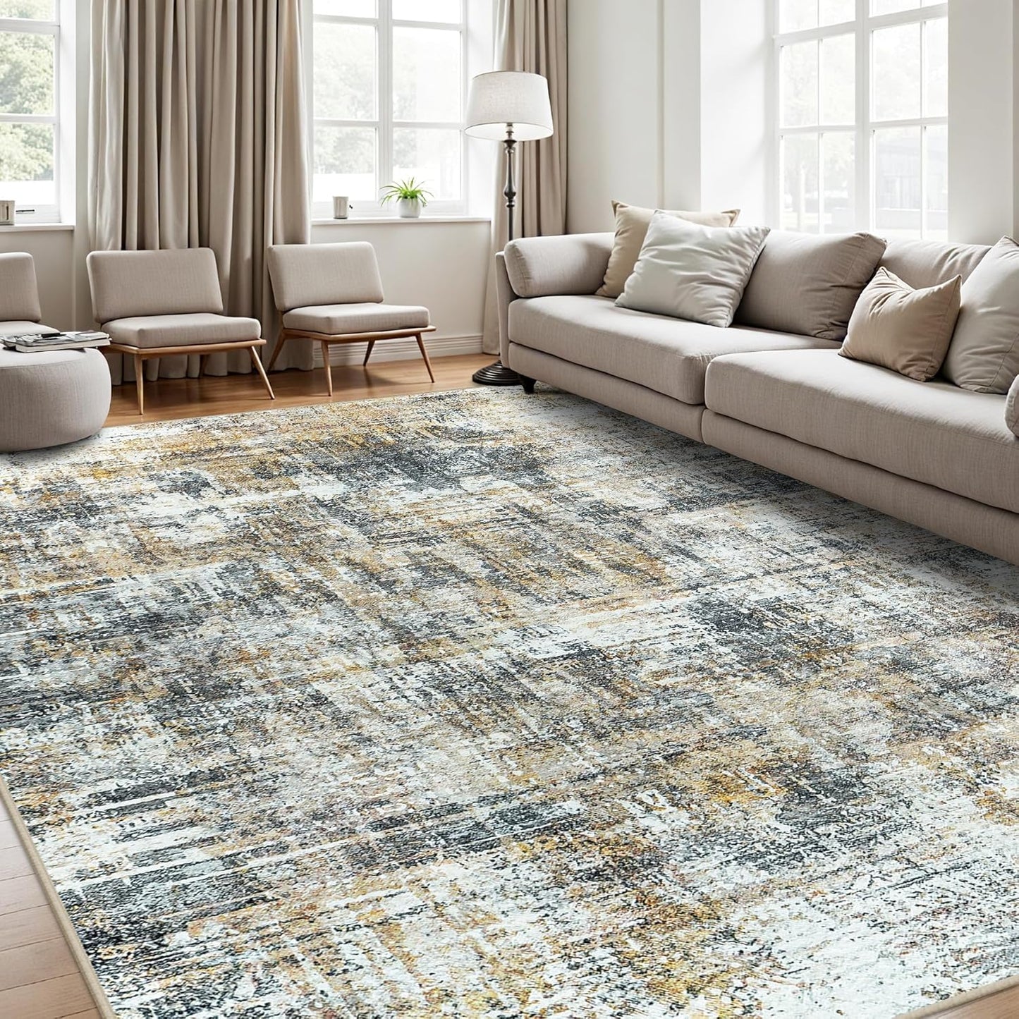 Area Rugs 8x10 Living Room Rugs: Modern Abstract Washable Rug with Non-Slip Backing, Stain Resistant Indoor Floor Large Carpet for Bedroom Dining Room Table Nursery Hallway Home Office Brown/Gray