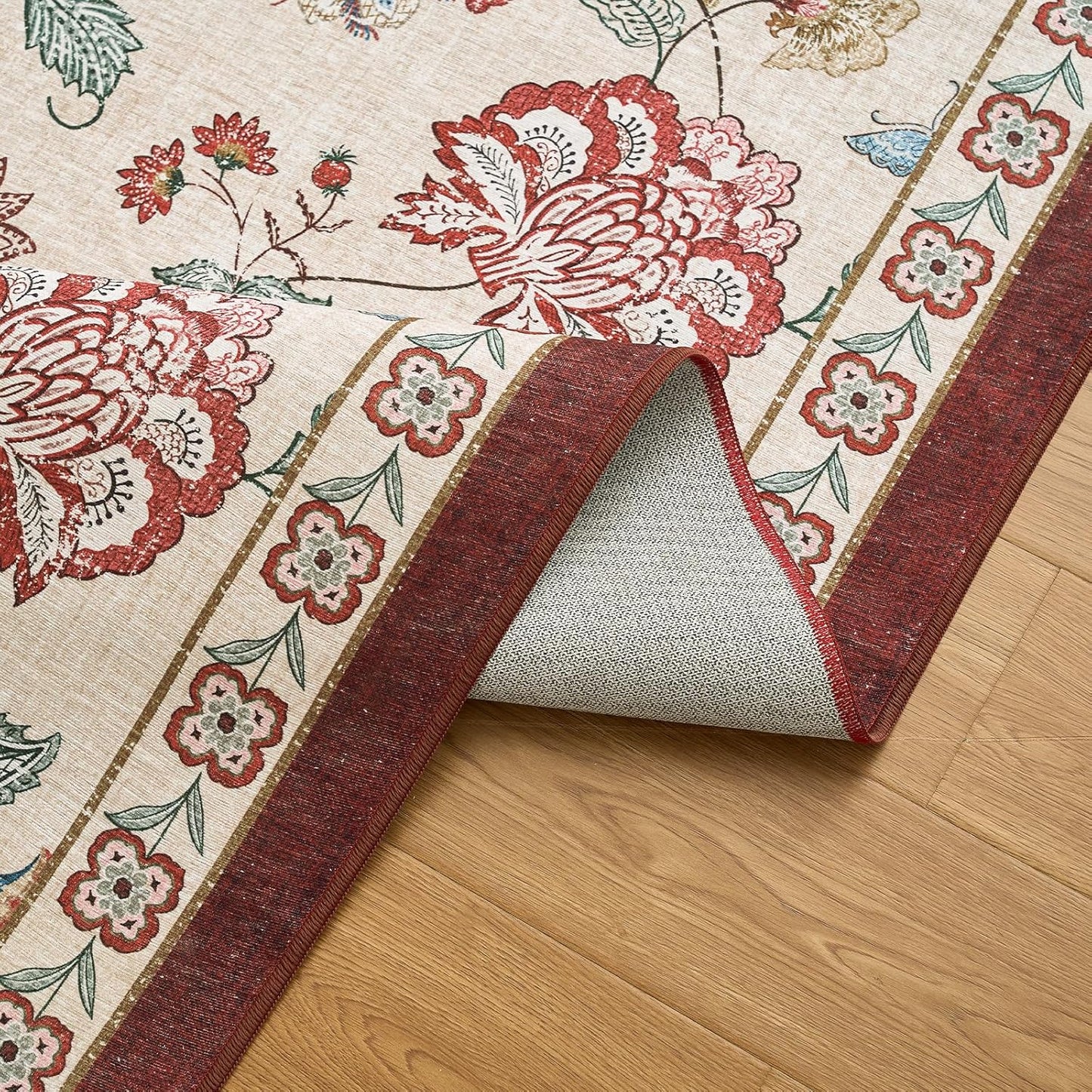 jinchan 3x8 Floral Runner Rug for Hallway Washable Kitchen Runner Vintage Romance Design Non Slip Thin Indoor Floor Cover Low-Profile Throw Carpet for Entryway Bathroom Bedroom Porch, Red/Beige