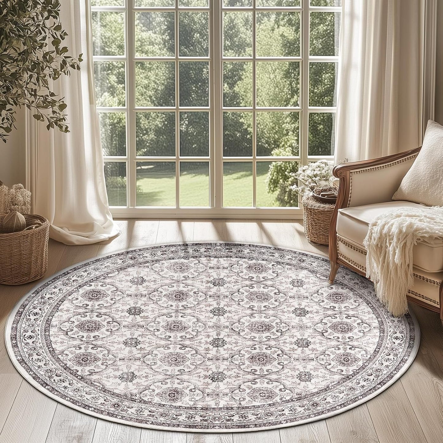 jinchan Round Rug 5ft Washable Circle Soft Rug - Low Pile Vintage 5'Round Indoor Beige Floral Print Stain Resistant Boho Carpet Ultra-Thin Non-Slip for Entryway Nursery Bedroom Dining Room Kitchen