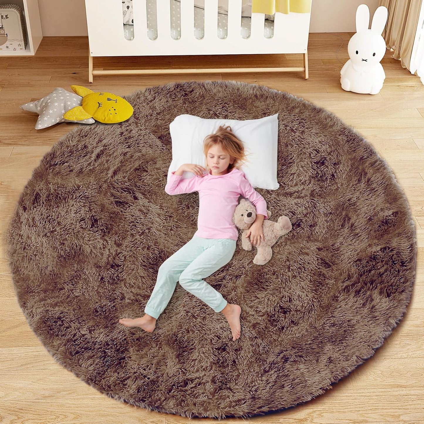 4FT Round Rug for Bedroom: Fluffy Shag Soft Washable Rugs Circle Small Fuzzy Plush Indoor Carpet for Living Room Nursery Playroom Dorm Kids Girls Boys Room (Coffee, 4'x4')