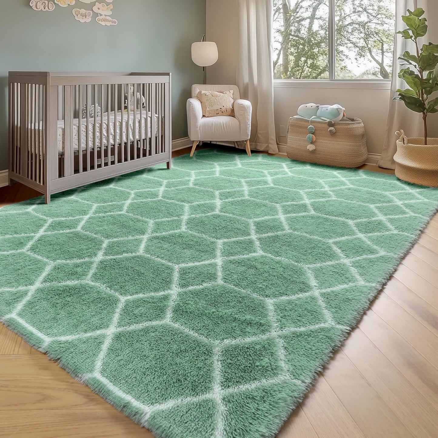ONASAR Area Rugs for Bedroom Living Room, Washable 4x6 Fluffy Sage Green and White Throw Rug, Shaggy Geometric Floor Mat for Home Decor Aesthetic, Soft Plush Fuzzy Carpet for Nursery Kids Teen Dorm