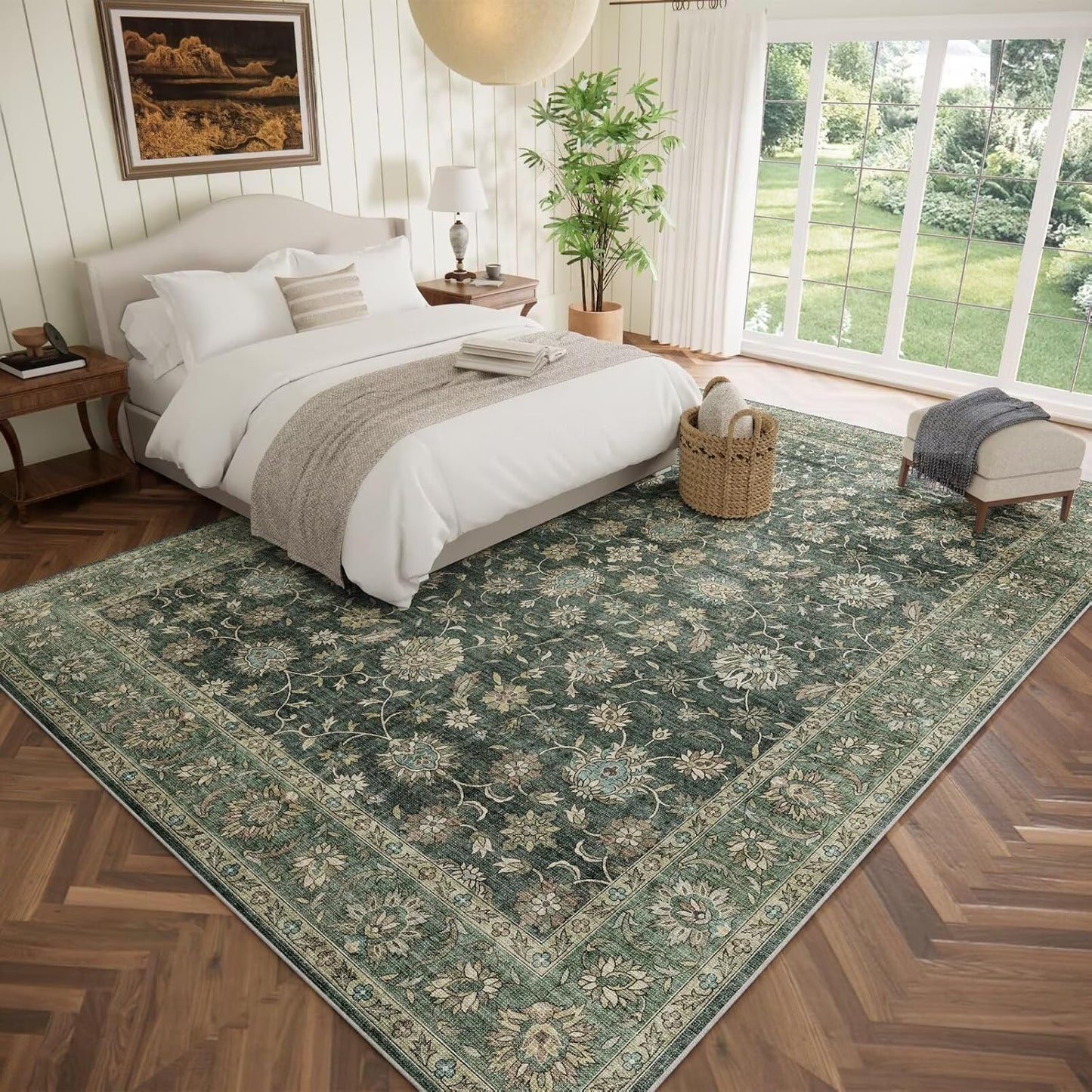 Washable 10x14 Area Rugs for Living Room, Boho Non-Slip Silicone Backing Rugs for Bedroom Dining Room Office, 0.3" Neutral Oriental Throw Carpet with 0.16" Cushioning Pad, Sage Green/Multi