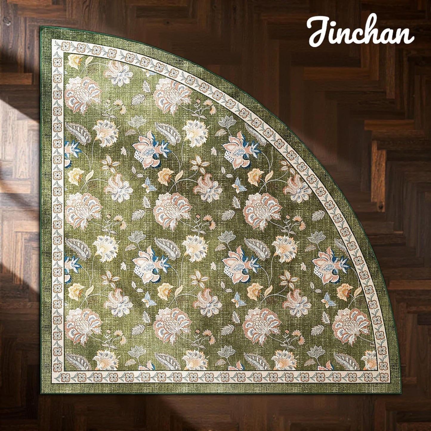 jinchan Floral Corner Rug for Living Room Washable Bedroom Rug Vintage Romance Design Non Slip Quarter Circle Lightweight Low-Pile Throw Carpet for Reading Nook Playroom,7ft Radius, Green