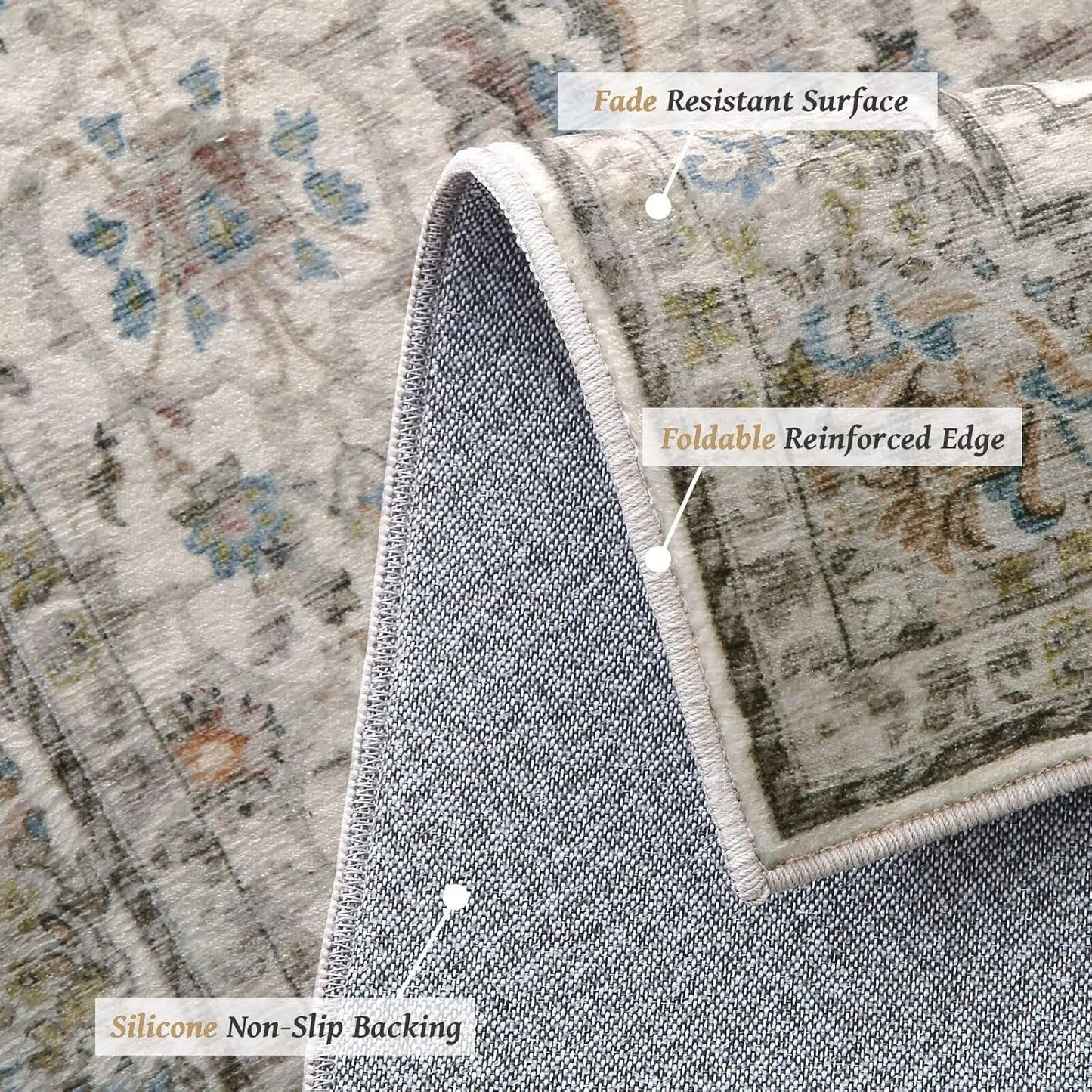 Washable 9x12 Area Rugs for Living Room, Boho Non-Slip Silicone Backing Rugs for Bedroom Dining Room Nursery Office, 0.3" Neutral Oriental Throw Carpet with 0.16" Cushioning Pad, Cream/Multi