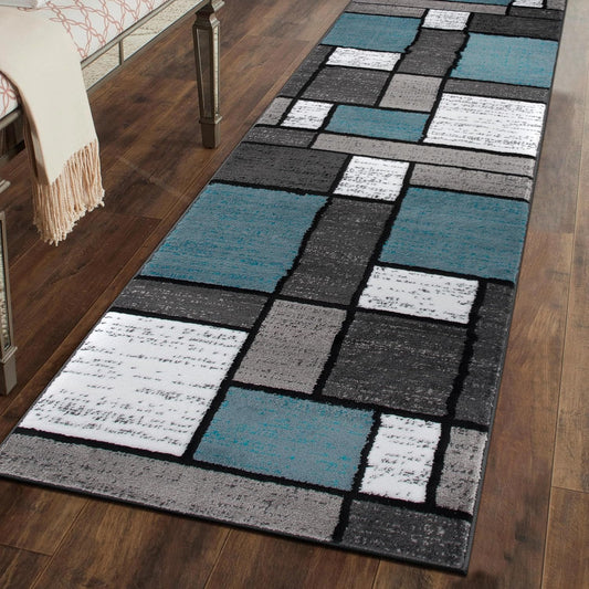 Rugshop Contemporary Modern Boxes for Home Office,Living Room,Bedroom,Kitchen Non Shedding Runner Rug 2'7" x 6' Blue