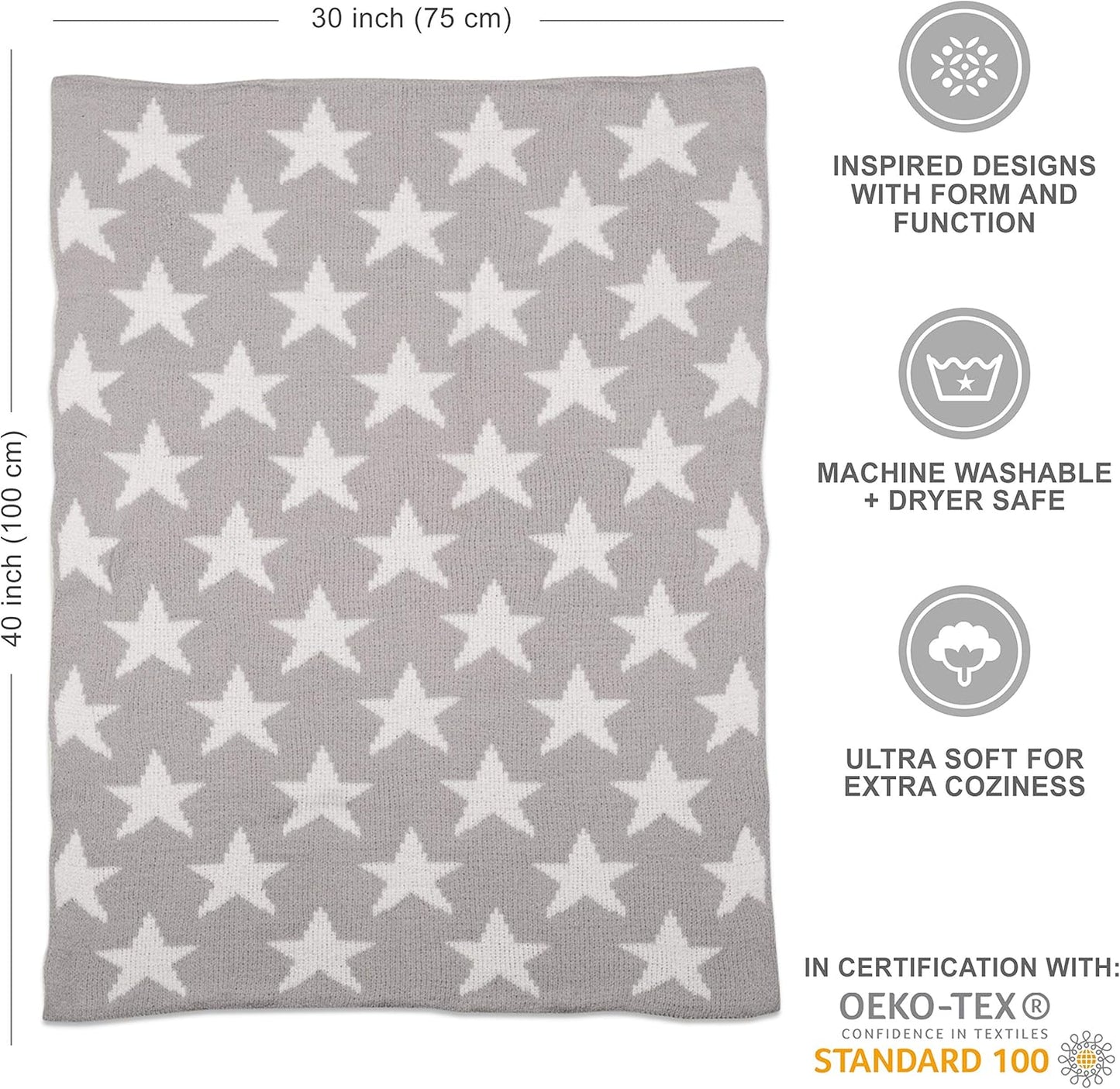 Living Textiles Grey Stars Chenille Soft Baby Blanket Reversible Premium Cozy Fabric for Best Comfort - for Infant,Toddler,Newborn,Nursery,Boy,Girl,Unisex,Throw,Crib,Stroller,Gift, Grey Stars 40x30