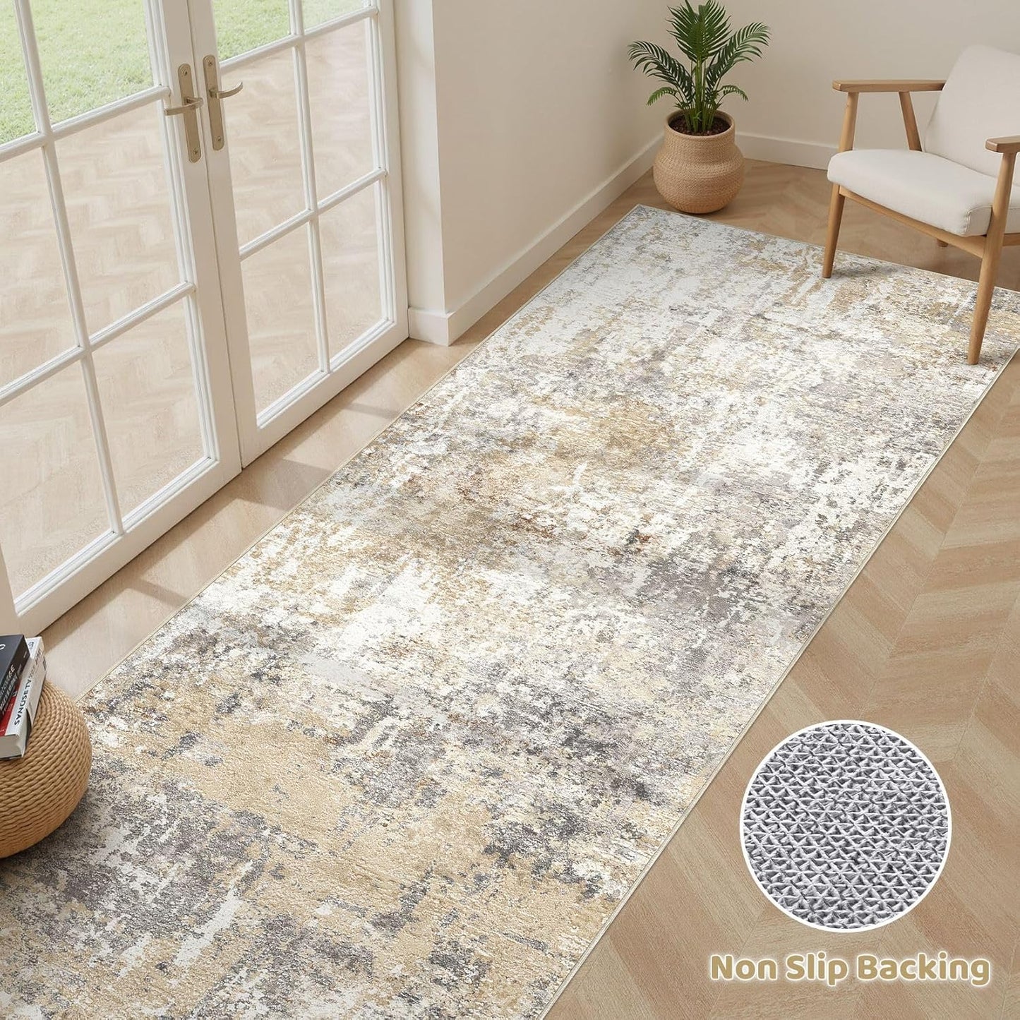 Runner Rug Kitchen Washable Rugs: 2x6 Non-Slip Abstract Soft Modern Stain Resistant Indoor Floor Neutral Accent Throw Carpet for Hallway Bathroom Laundry Room Entryway Bedroom- Gray Gold