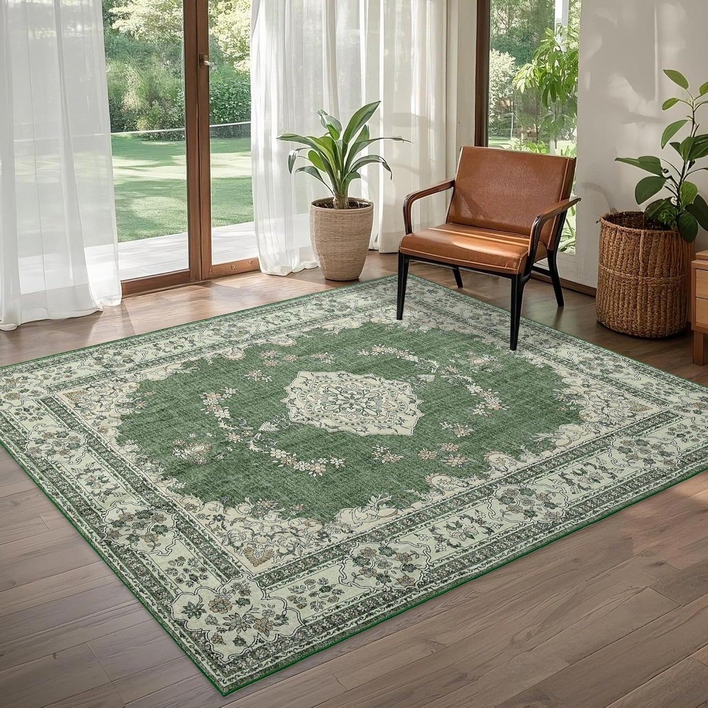 5x8 Area Rug Washable: Oriental Soft Area Rug for Living Room Bedroom No Shedding - Low Pile Thin Carpet Rug for Dining Room Non Slip - Boho Vintage Rug for Home Decor - Olive Green
