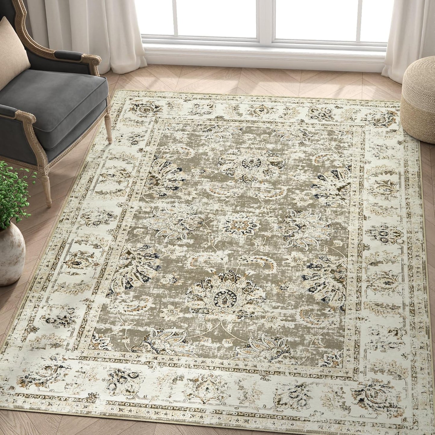 jinchan Washable Area Rug 4x6 Ultra-Thin Low Pile Non Slip Stain Resistant Soft Faux Wool Floral Rug Distressed Boho Vintage Carpet for Bedroom,Living Room,Dining Room,Kitchen,Nursery(Taupe, 4' x 6')