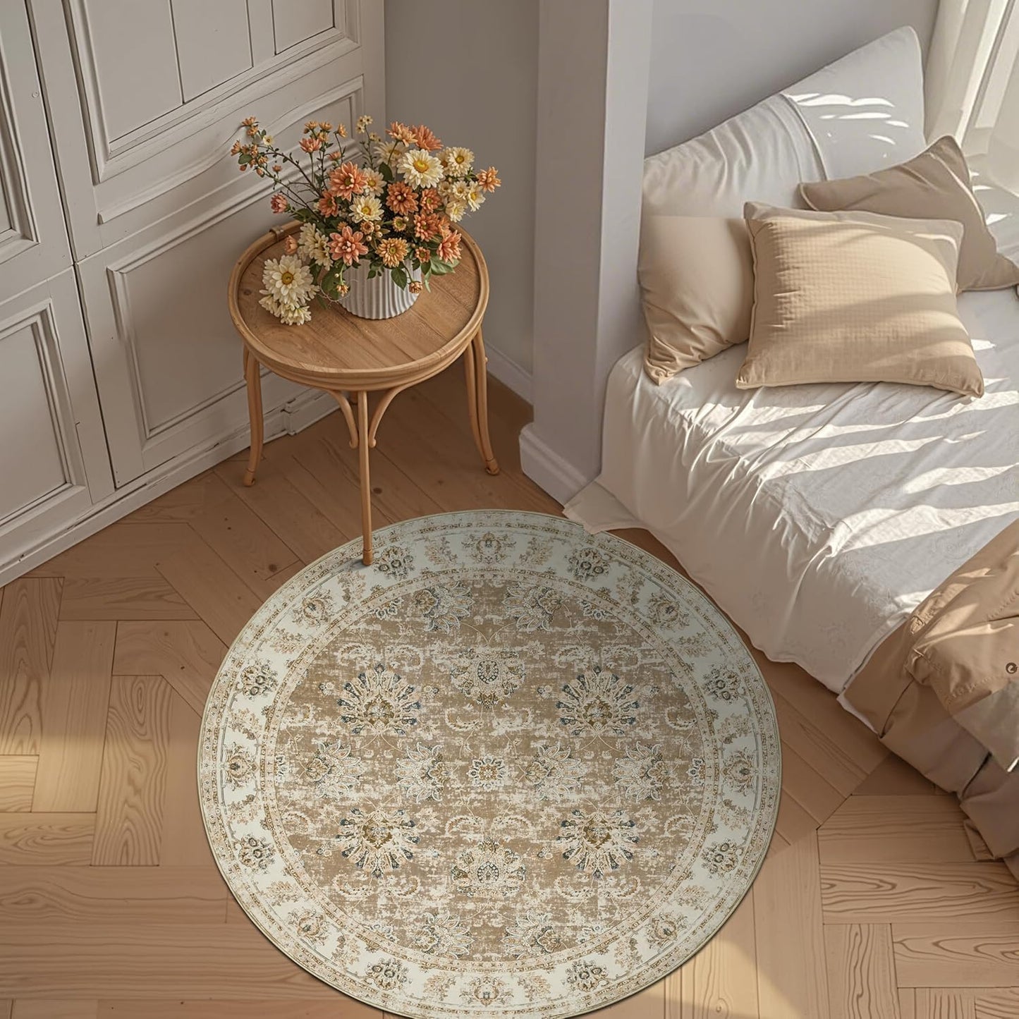 jinchan Round Rug 5ft Area Rug - Indoor Vintage Hallway Circle 5' Washable - Ultra-Thin Low Pile Soft Small Non Slip Distressed Floral Print for Living Room Dining Room Bedroom Entryway Taupe