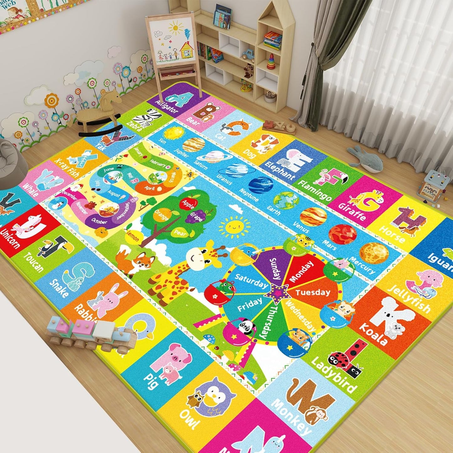 Kids Rug for Playroom, Kids Baby Playmat with Alphabet, Month, Weather, Week and Shapes ABC Educational Rug, Play Mat Carpet for Bedroom Classroom (59 X 39.4 INCH, Ferris Wheel)