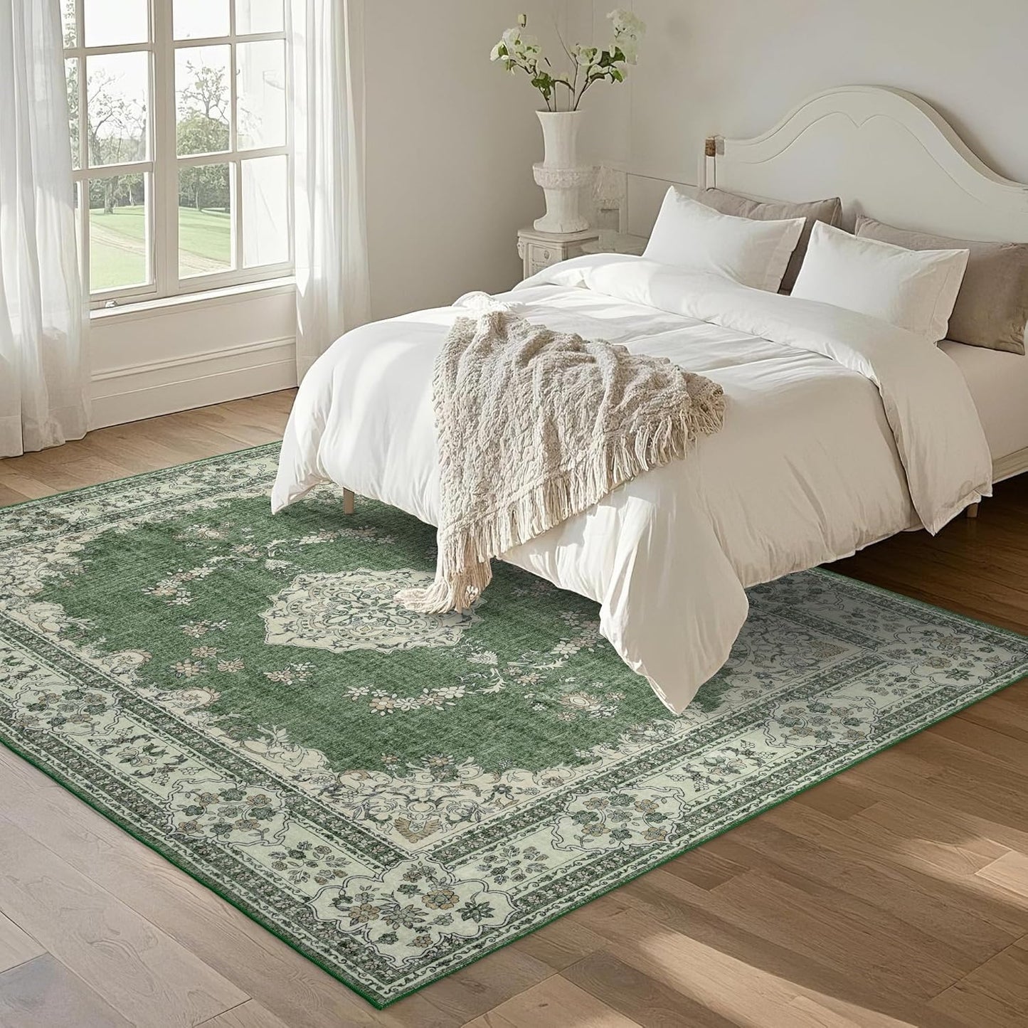 5x8 Area Rug Washable: Oriental Soft Area Rug for Living Room Bedroom No Shedding - Low Pile Thin Carpet Rug for Dining Room Non Slip - Boho Vintage Rug for Home Decor - Olive Green