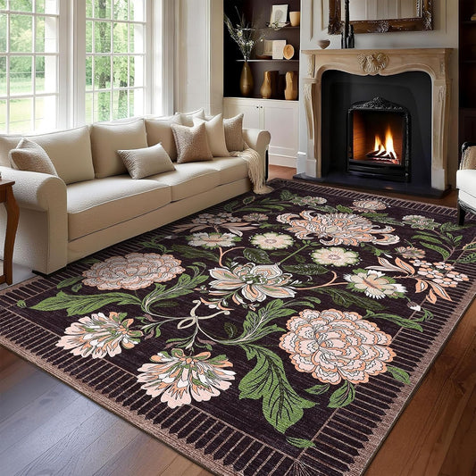 GarveeHome Plum Pink Floral Botanical Washable 9x12 Area Rug for Living Room Soft Black Purple Vintage Boho Cottage Large Rugs Low Pile Carpet for Bedroom Dining Nursery Rug