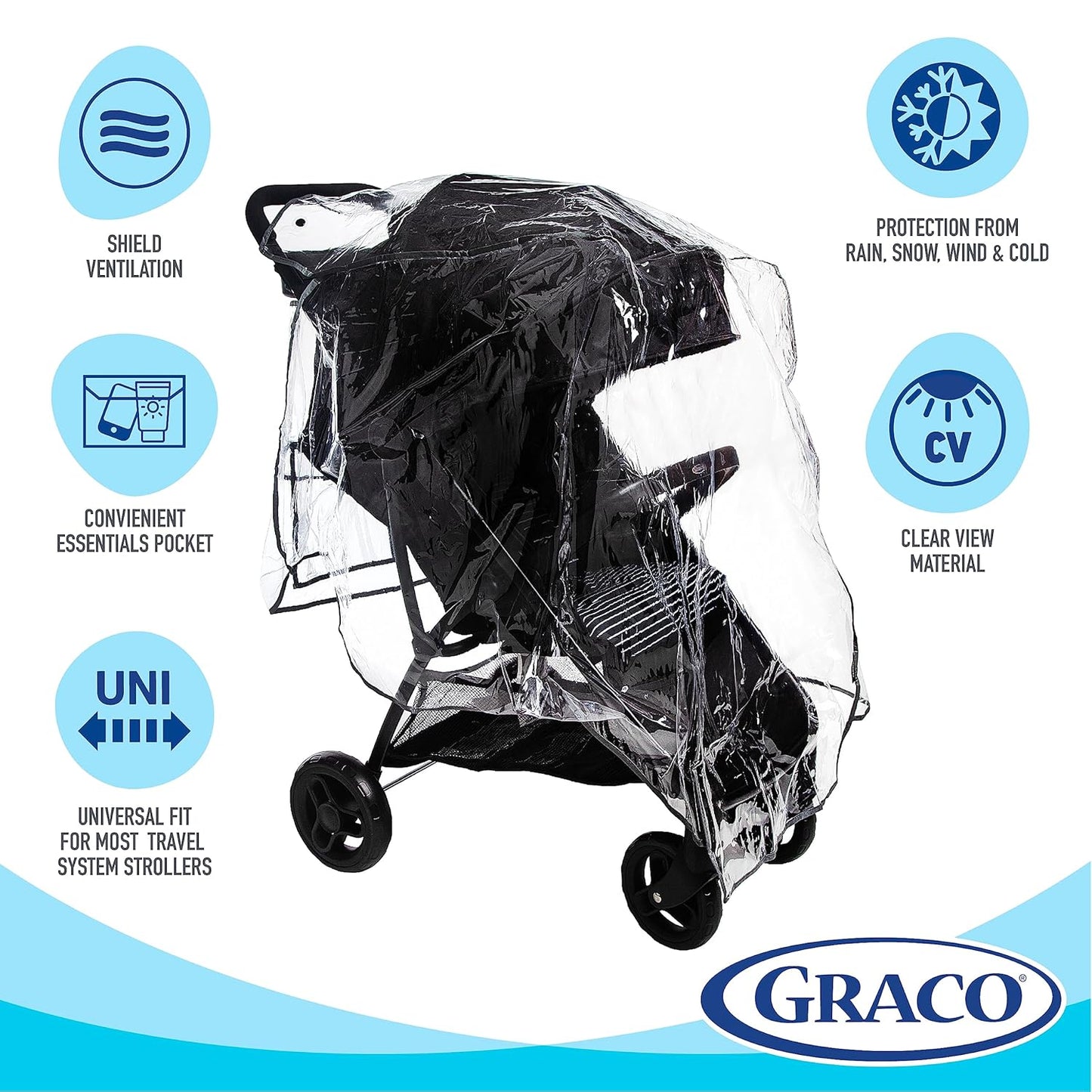 Graco Travel System Weather Shield, Baby Rain Cover, Universal Size to fit Most Travel Systems, Waterproof, Windproof, Ventilation, Sun Protection, Shade, Umbrella, Pram, Vinyl, Plastic, Clear
