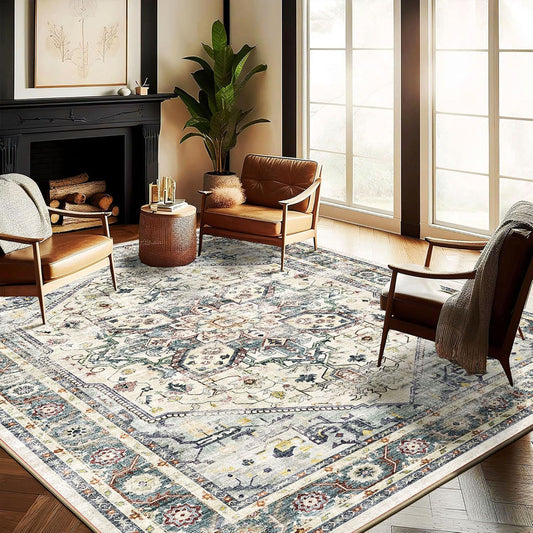 Washable Area Rug 9'x12' Cyan Khaki Retro Flowers Boho Design Non-Shedding Easy Care Ideal for High Traffic Areas in Living Room Bedroom Office Coffee Table Kitchen Large Carpet