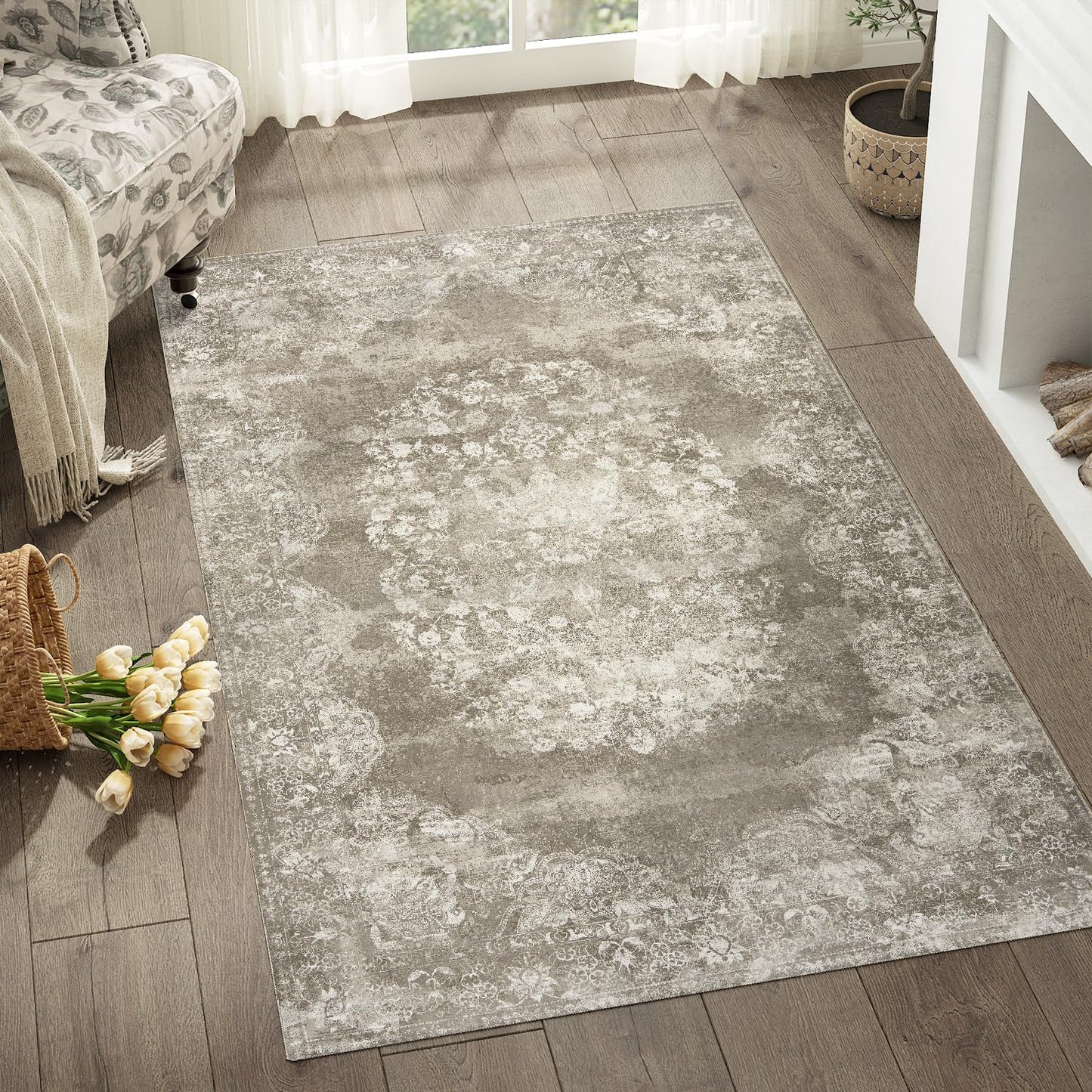 jinchan Washable Area Rug 3x5 Entryway - Soft Distressed Vintage Floral Indoor Bedroom Rug Faux Wool Low Pile Small Oriental Accent Carpet for Kitchen,Entrance,Bedside,Dining Room(Brown,3'x5')
