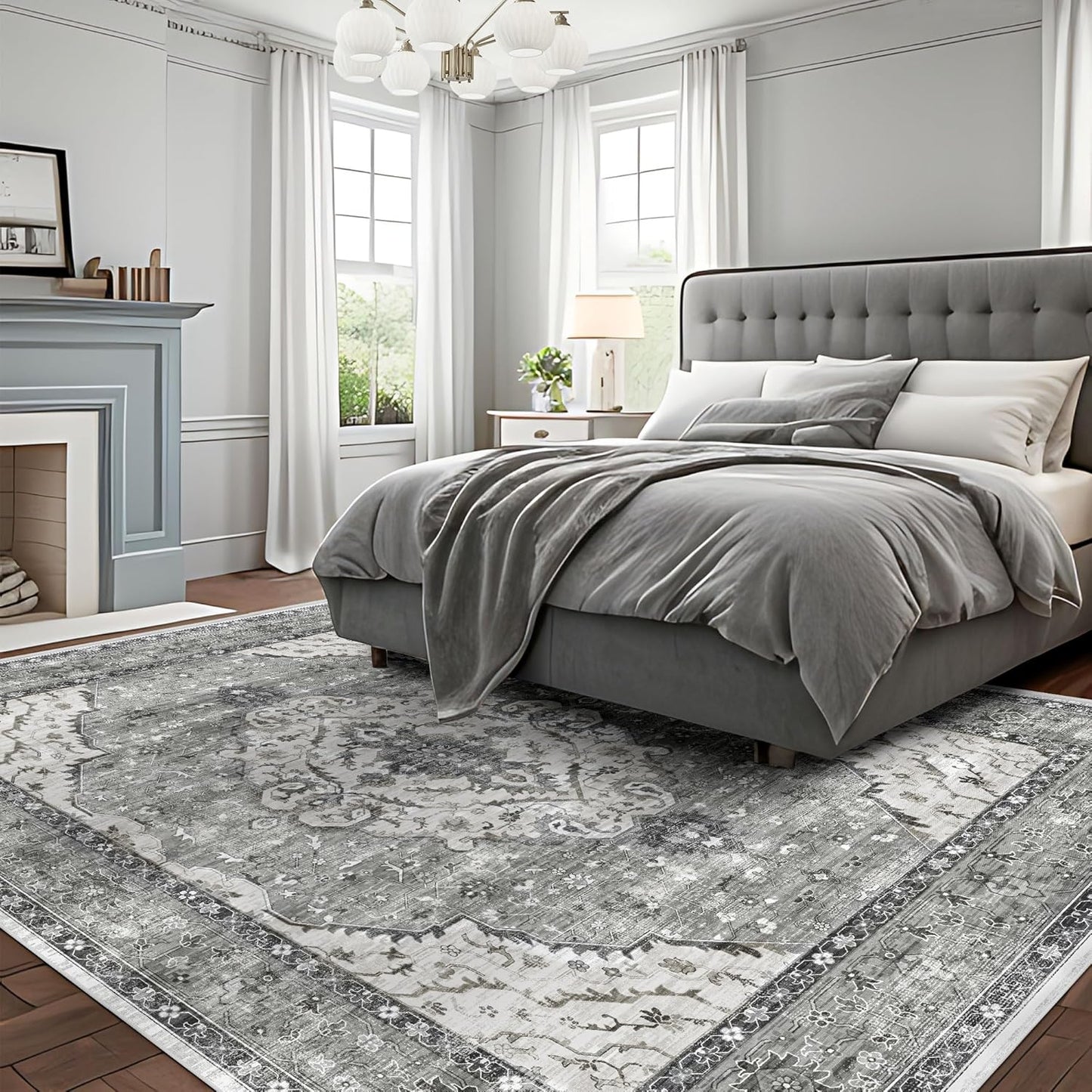 Boho Grey Area Rug 9x12 Rugs for Living Room Distressed Area Rugs, Non Slip Washable Vintage Rugs Carpet Large Rug for Bedroom Dining Room Office, Floor Decoration Big Rug Low-Pile (Grey)