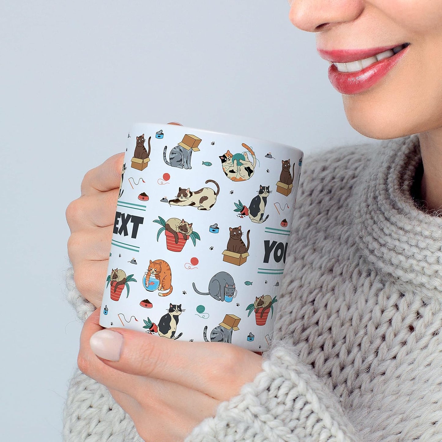 Personalized Mug for Kids - Cats - Custom Name/Text, Ceramic Hot Chocolate/Cocoa/Coffee Cup for Boys/Girls, Birthday/Christmas/Holiday Gift - 11 oz, Navy Blue Handle