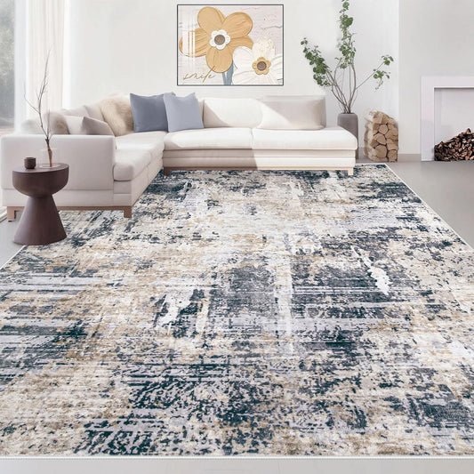 Area Rugs 9x12 Living Room: Washable Rug Modern Abstract Large Rugs Soft Non Slip Neutral Rug Stain Resistant Indoor Carpet for Bedroom Kitchen Dining Room Home Office Rugs(Black Brown,9'x12')