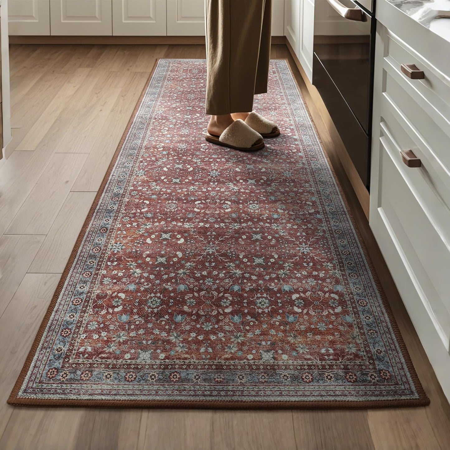 2x6 Washable Kitchen Runner Rug for Hallways, Non Slip Laundry Runners for Bathroom, Low Pile Rubber Backed Rugs for Entryway, Vintage Floral Carpet for Living Room Bedroom Brick Red