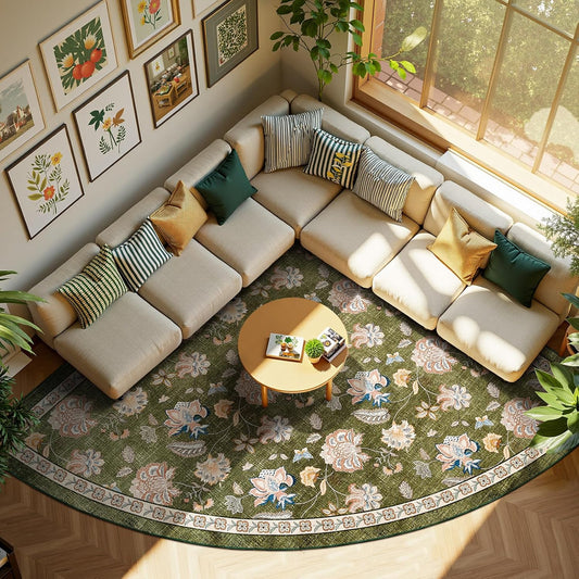jinchan Floral Corner Rug for Living Room Washable Bedroom Rug Vintage Romance Design Non Slip Quarter Circle Lightweight Low-Pile Throw Carpet for Reading Nook Playroom,7ft Radius, Green