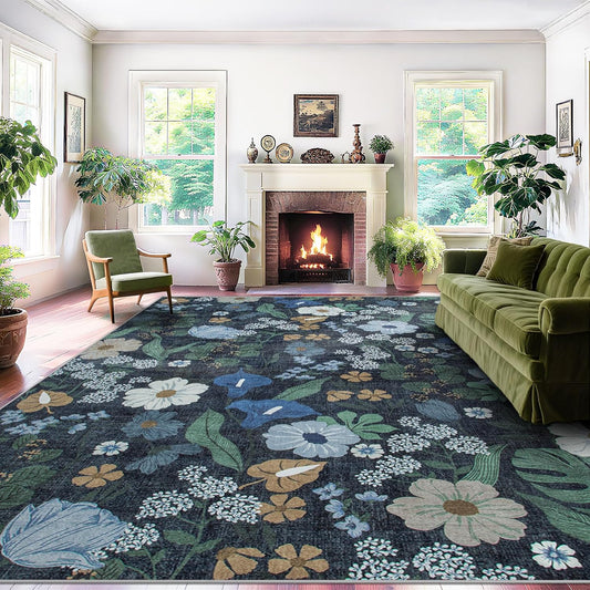 9x12 Area Rug for Living Room: Vintage Floral Washable Rug Soft Boho Non Slip Carpet Large Indoor Floor Non Shedding Low Pile Thin Carpets for Bedroom Dining Room Farmhouse Nursery Home Office Blue