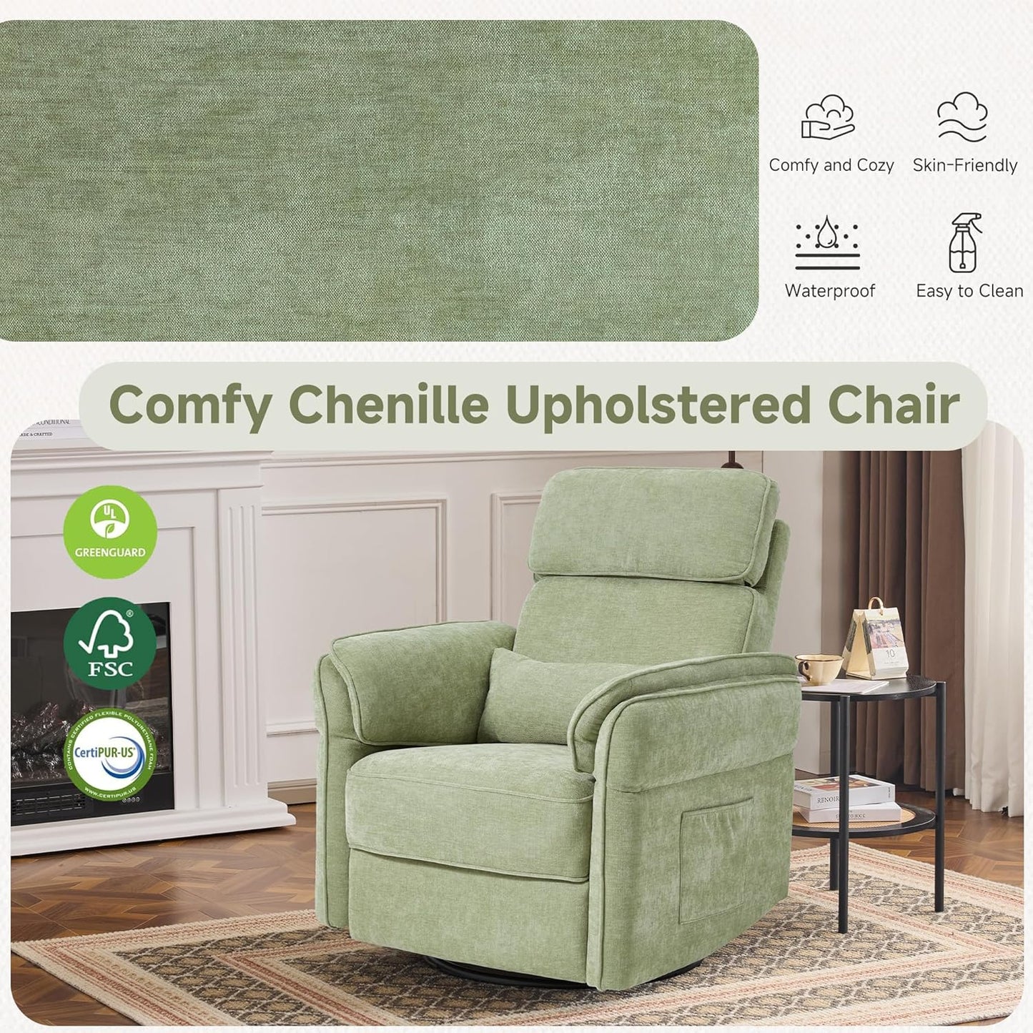 MELLCOM Power Recliner Rocking Chair Nursery Gliders with Adjustable Armrests and Headrest, Swivel Electric Glider Reclining Nursing Chair with USB Port and Storage Bags, FSC Certified(Fabric, Green)