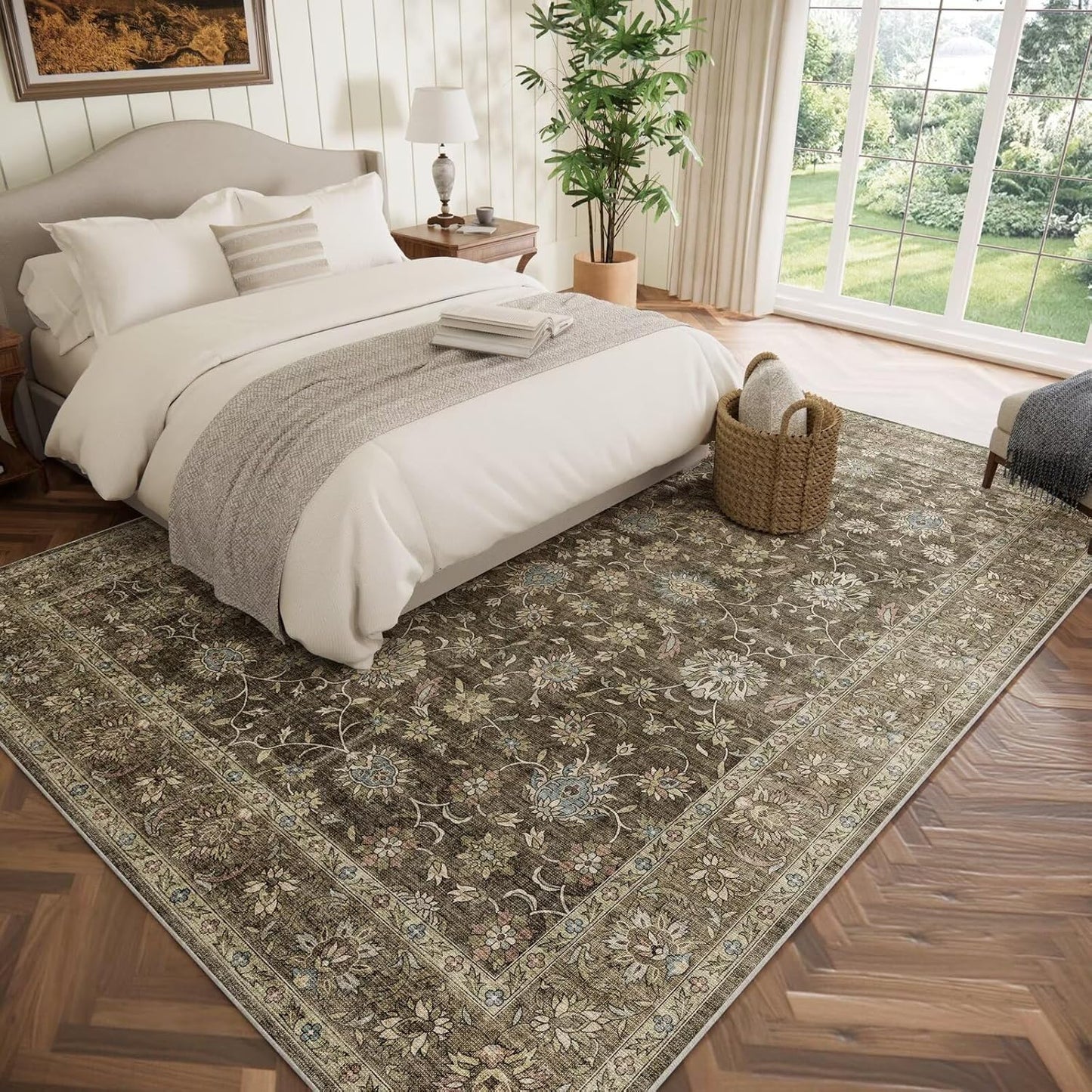 Washable 8x10 Area Rugs for Living Room, Boho Non-Slip Silicone Backing Rugs for Bedroom Dining Room Nursery Office, 0.3" Neutral Oriental Throw Carpet with 0.16" Cushioning Pad, Flaxen/Multi