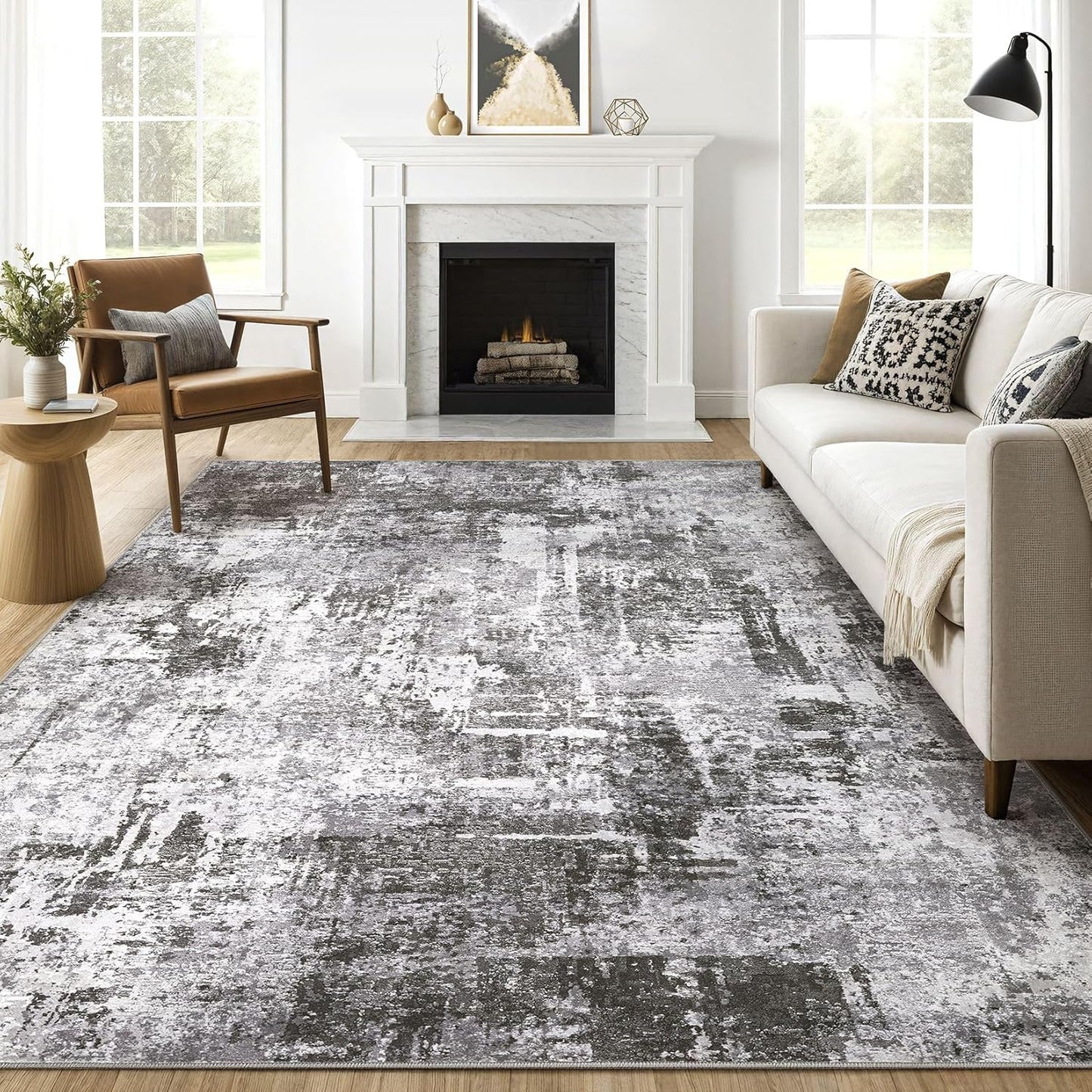 Large Area Rugs 12x15 Living Room: Washable Large Abstract Modern Soft Stain Resistant Indoor Floor Rugs Non-Slip Accent Carpet for Bedroom Nursery Playroom Office Dining Room Home House- Black Grey