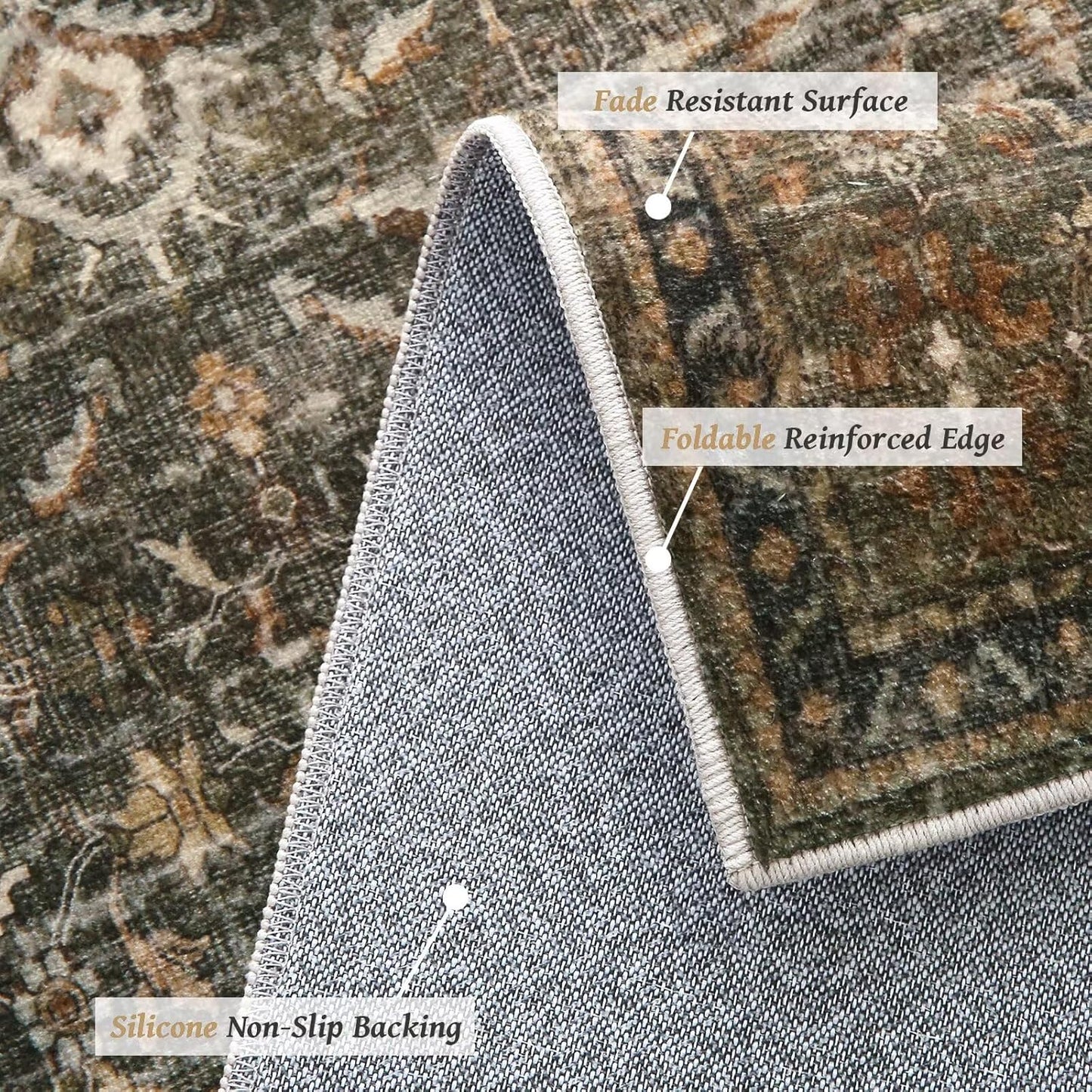 Washable 4x6 Rugs for Living Room, Boho Non-Slip Silicone Backing Small Rugs for Bedroom Nursery Office, 0.3" Neutral Oriental Throw Carpet with 0.16" Cushioning Pad, Deep Brown/Multi