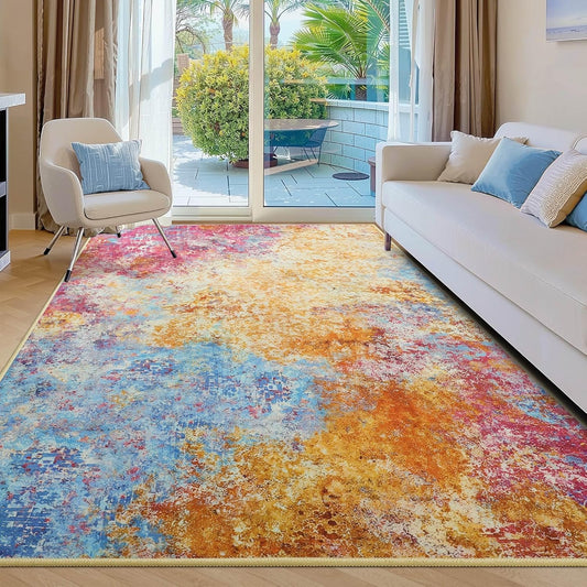 Kelarea Living Room Rug, 5x7 Modern Abstract Washable Rugs, Colorful Non Slip Low Pile Carpet, Stain Resistant Rugs for Bedroom, Dining Room, Nursery, Home Office