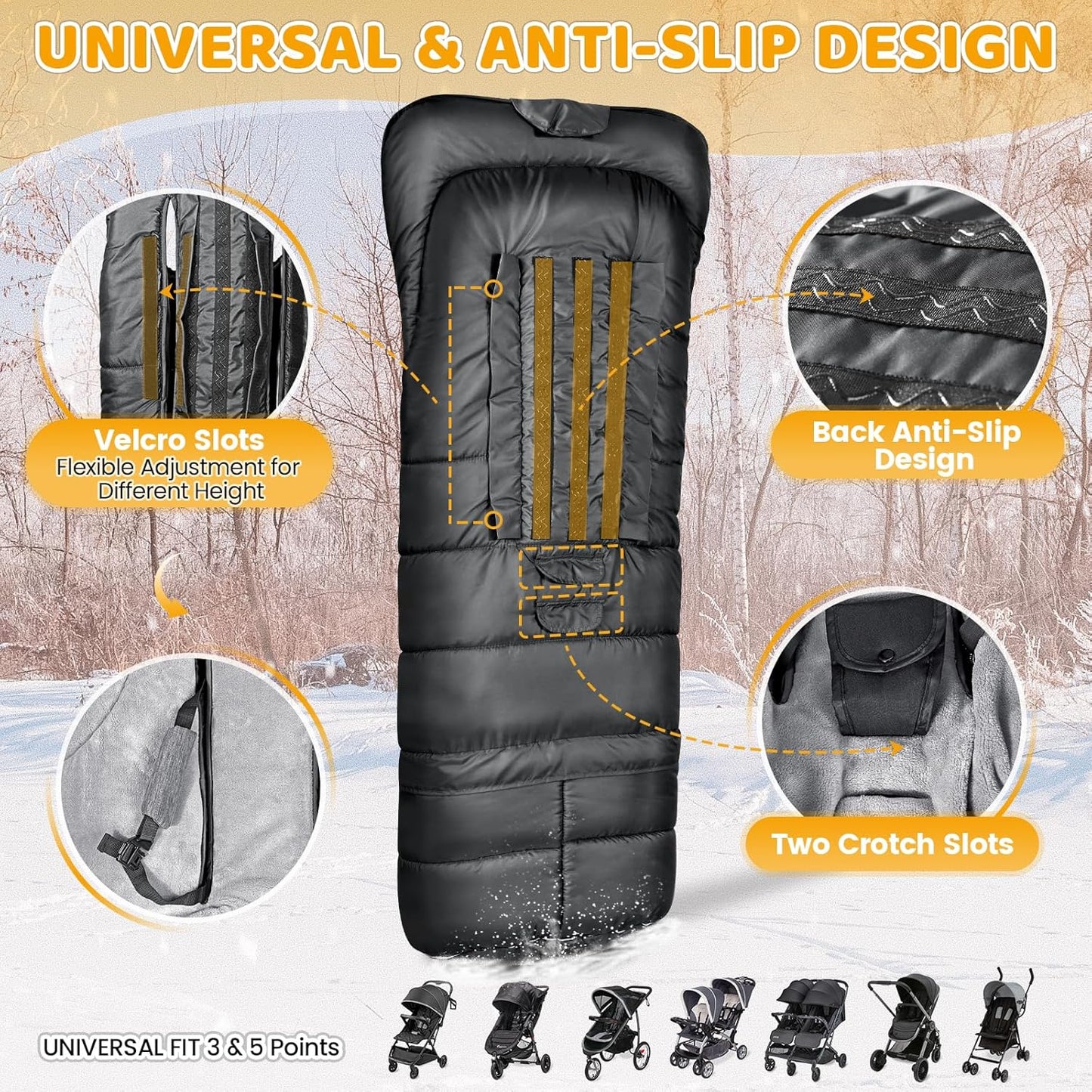 Orzbow Universal Stroller Bunting Bag with Extra Footmuff for Toddler, Kids, Warm Waterproof Stroller Blanket, Winter Cover, Baby Bunting Bag - Protect Babies from Cold Winds, Black