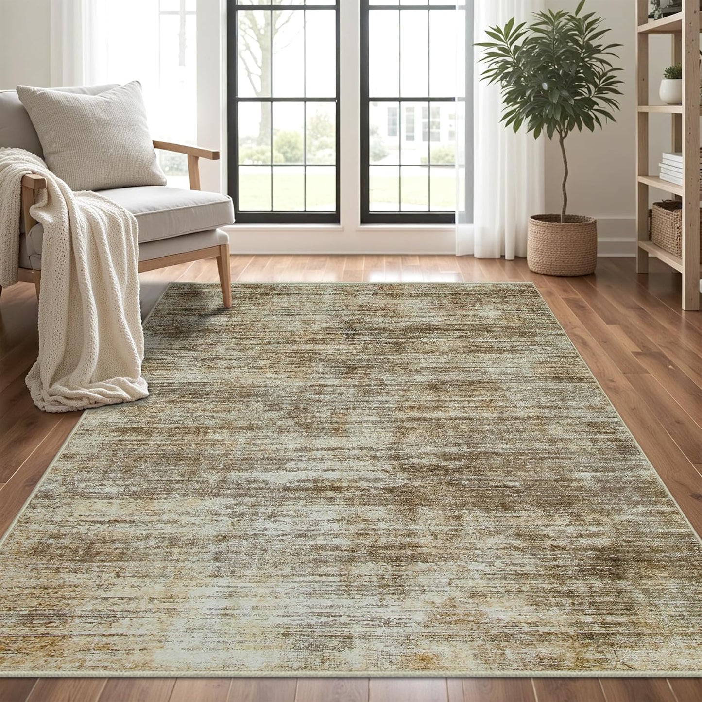 Area Rug 5x7 Living Room Rugs: Abstract Large Washable Rugs with Non-Slip Backing, Thin Carpet for Dining Room Table Bedroom Nursery Indoor Home Office-Brown