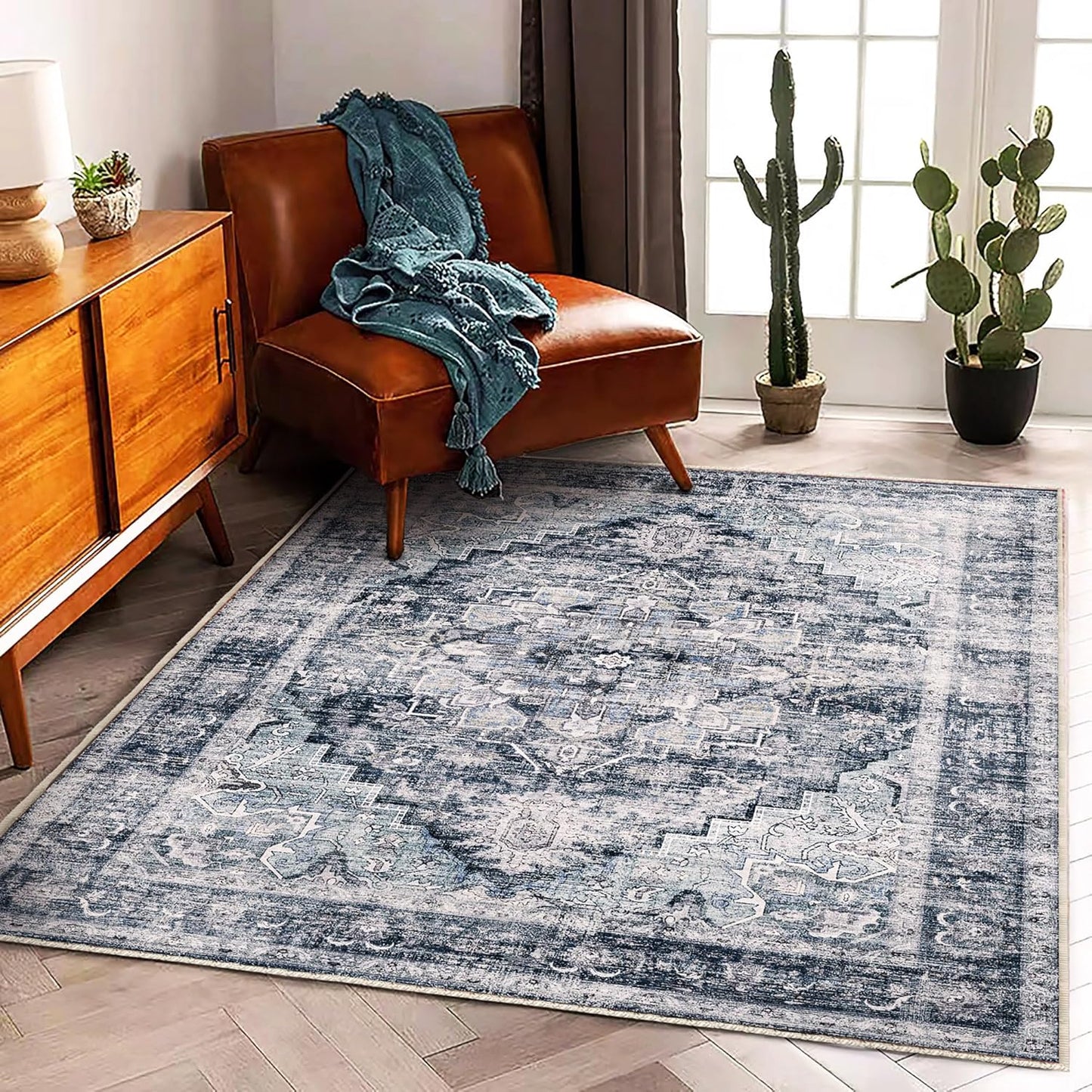 3'x5' Dark Blue Vintage Washable Thin Area Rug Traditional Floor Cover Foldable Indoor Distressed Non Slip Carpet for Bedroom Living Room Bathroom