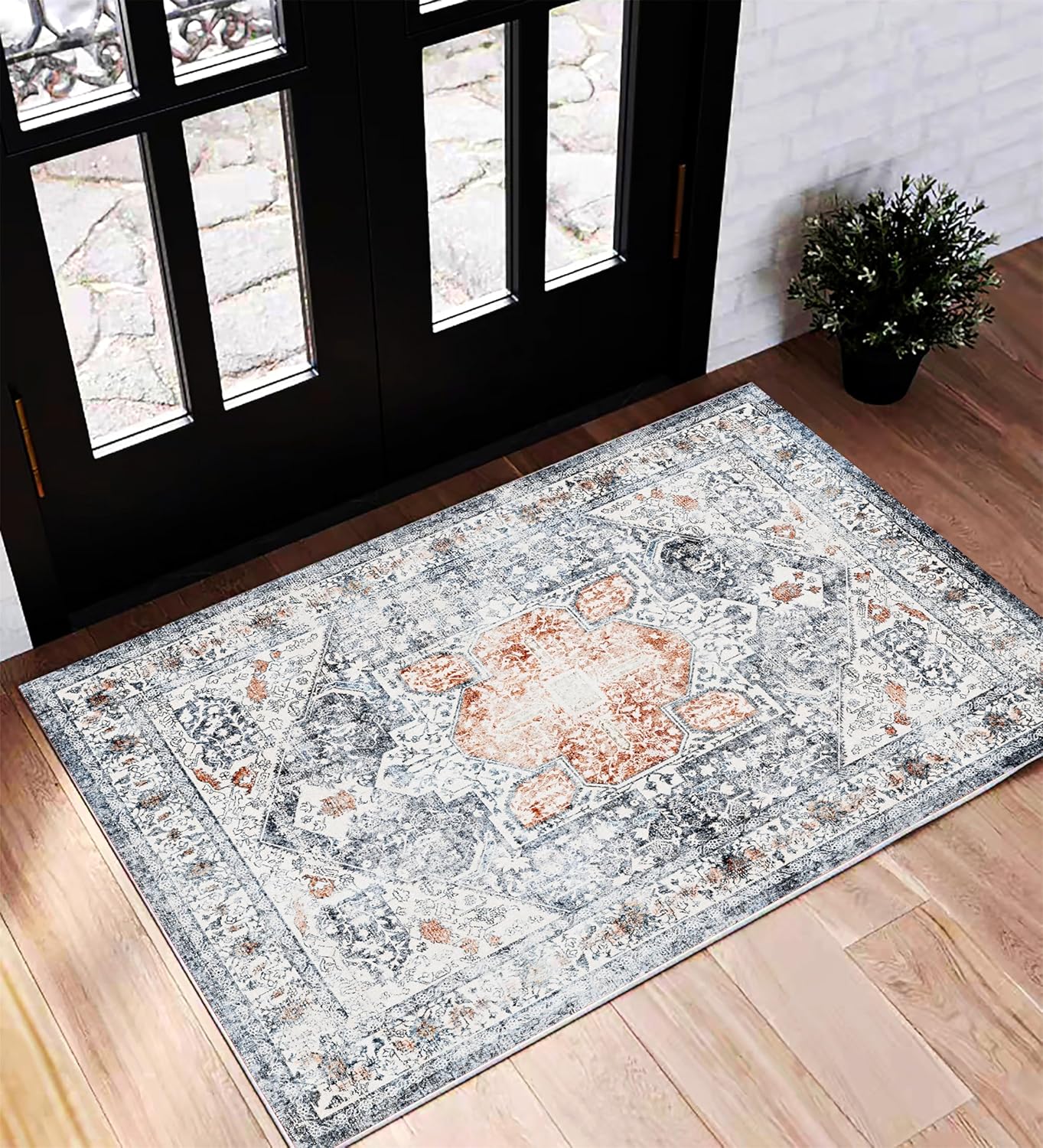 Area Rug 2x3 Washable Rug Door Mat Vintage Distressed Doormat Indoor Entrance Traditional Thin Floral Print Non Slip Carpet for Kitchen Bathroom Bedroom Living Room