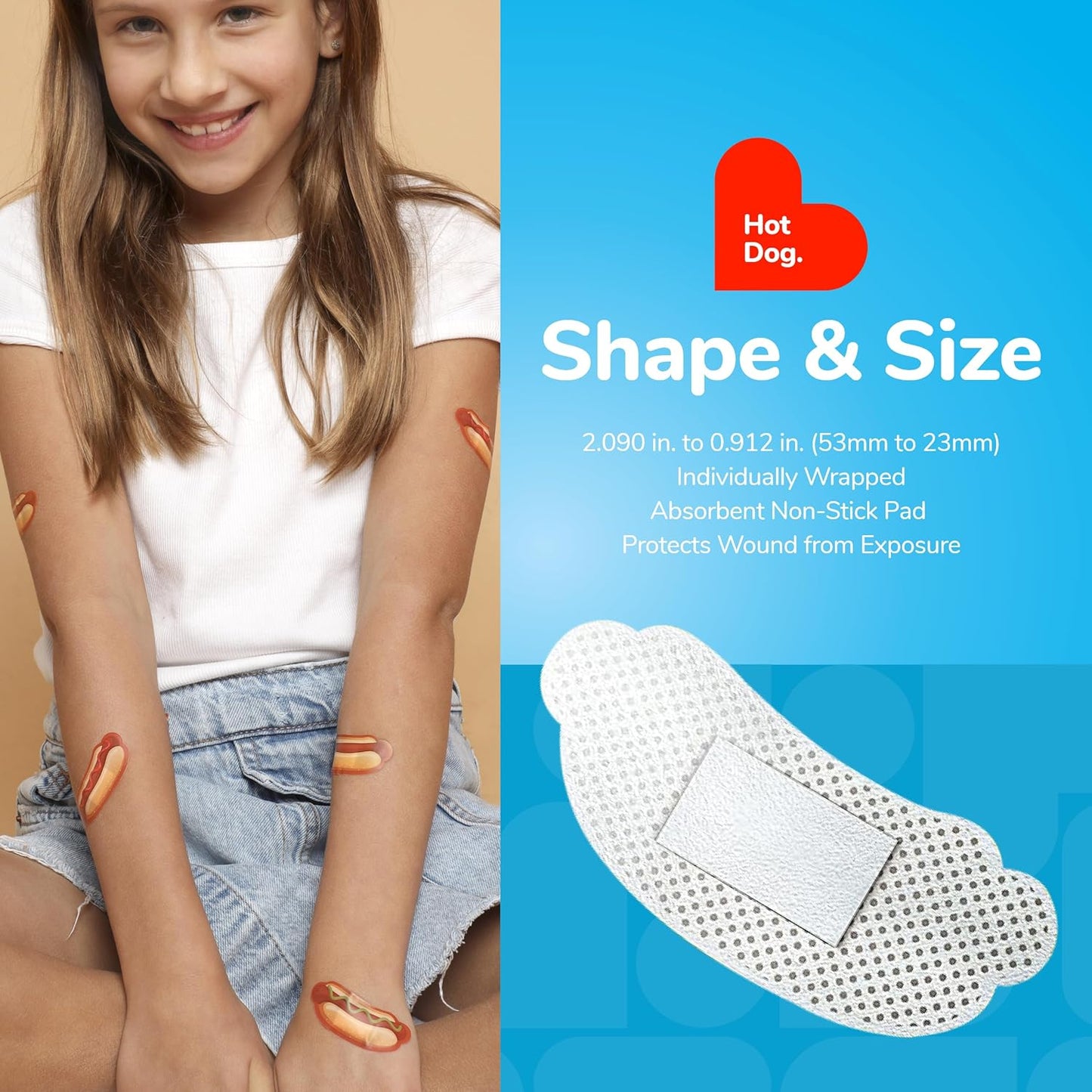 BioSwiss Bandages, Hot Dog Shaped Self Adhesive Bandage, Latex Free Sterile Wound Care, Fun First Aid Kit Supplies for Kids, 50 Count