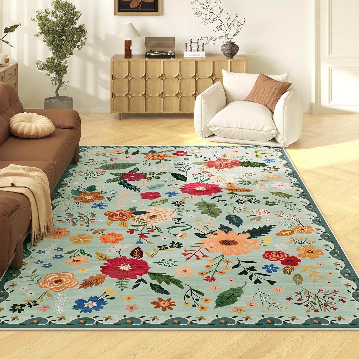 5x7 Washable Rug for Living Room, Green Floral Area Rug, Non Slip Low Pile Soft Flower Carpet, Large Rugs for Bedroom, Dining Room, Office, Kids Playroom, Nursery, Sage Green
