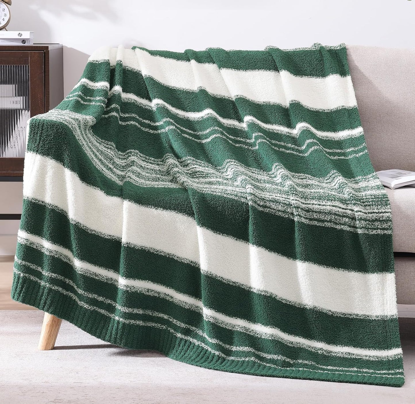 WRENGONGE Dark Green Throw Blanket, 50x70 Soft Cozy Striped Throw Blankets for Couch, Sofa, Bed, Travel, Lightweight Fluffy Warm Plush Decorative Blankets for Women, Men,Kids Gift