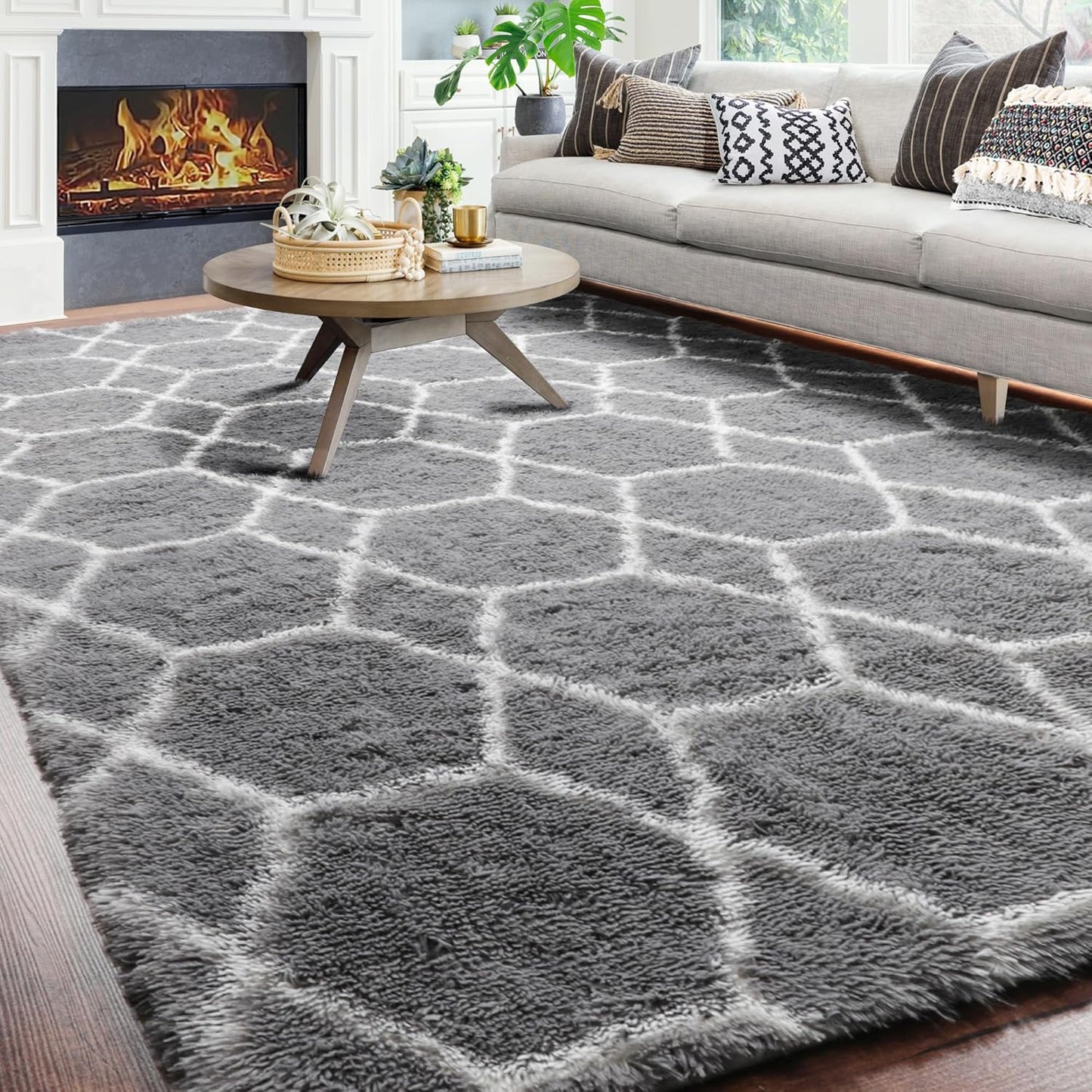 ONASAR Large Area Rugs for Living Room, 7x10 Grey and White Rug, Moroccan Thick Floor Mat for Bedroom Home Decor Aesthetic, Soft Fuzzy Shaggy Plush Fluffy Geometric Carpet for Dorm Classroom