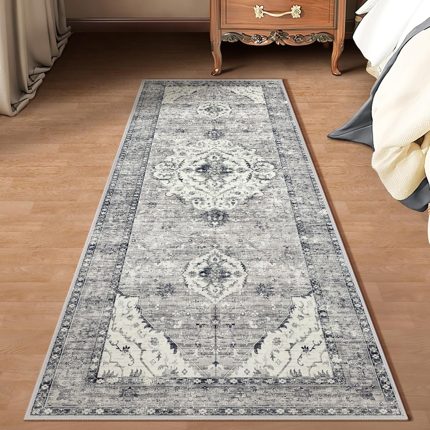 Grey 2x4 Rugs Boho Washable Small Area Rugs for Entryway Bathroom Kitchen, Small Rugs Soft Low Pile Non-Slip Rubber Backing Oriental Door Mat(Border Grey)