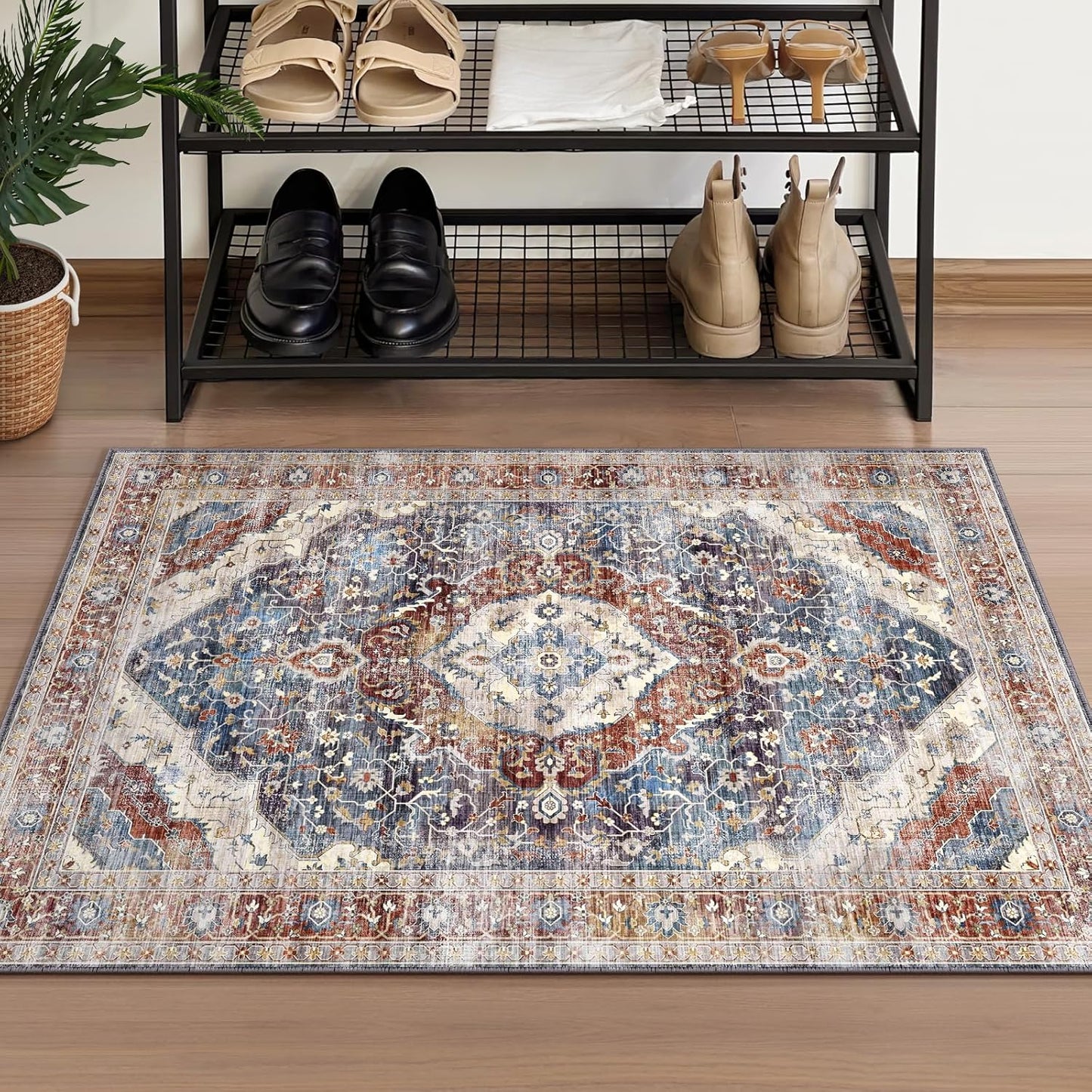 2x3 Washable Boho Rug Small Area Rugs for Entryway Bedroom Bathroom Kitchen Lliving Room, Soft Flower Rugs Low Pile Non-Slip Rubber Backing(Border Brown/Navy Blue)