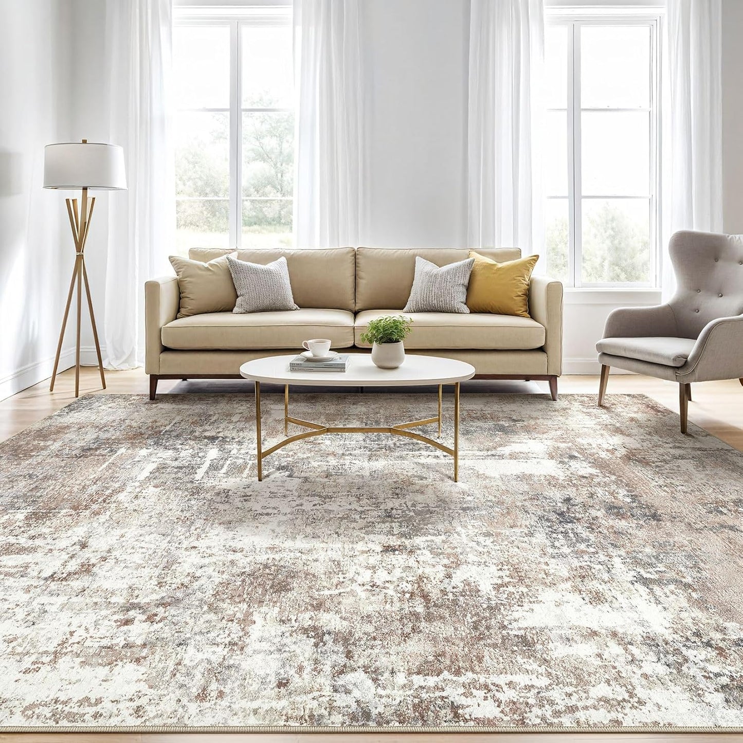 Area Rugs 9x12 Living Room: Washable Large Abstract Modern Soft Rugs Stain Resistant Indoor Floor Non Slip Accent Carpet for Bedroom Nursery Playroom Office Dining Room Dorm Home Decor- Brown