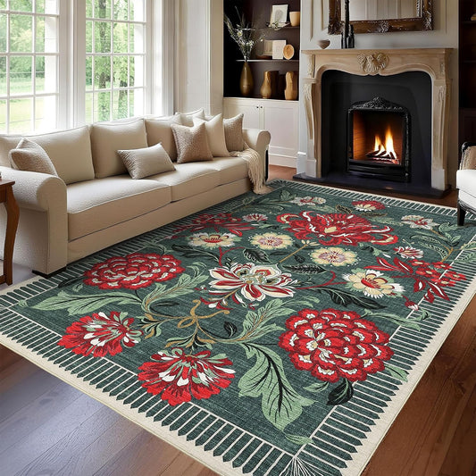 GarveeHome Floral Botanical Washable 9x12 Area Rug for Living Room Soft Grey Green Vintage Boho Cottage Large Rugs Low Pile Carpet for Bedroom Dining Nursery Rug
