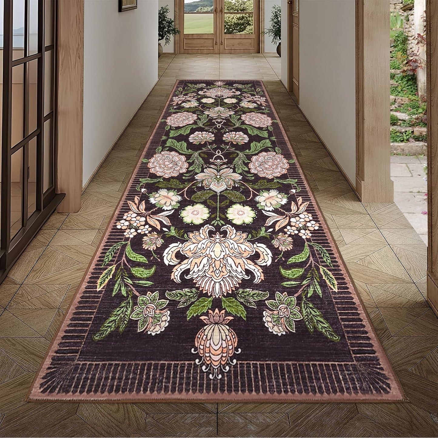 GarveeHome Plum Pink Floral Botanical 2x6 Washable Kitchen Runner Rugs Non Slip Black Purple Vintage Boho Cottage Long Rug for Hallways Bedroom Entryway Bathroom Mat with Rubber Back